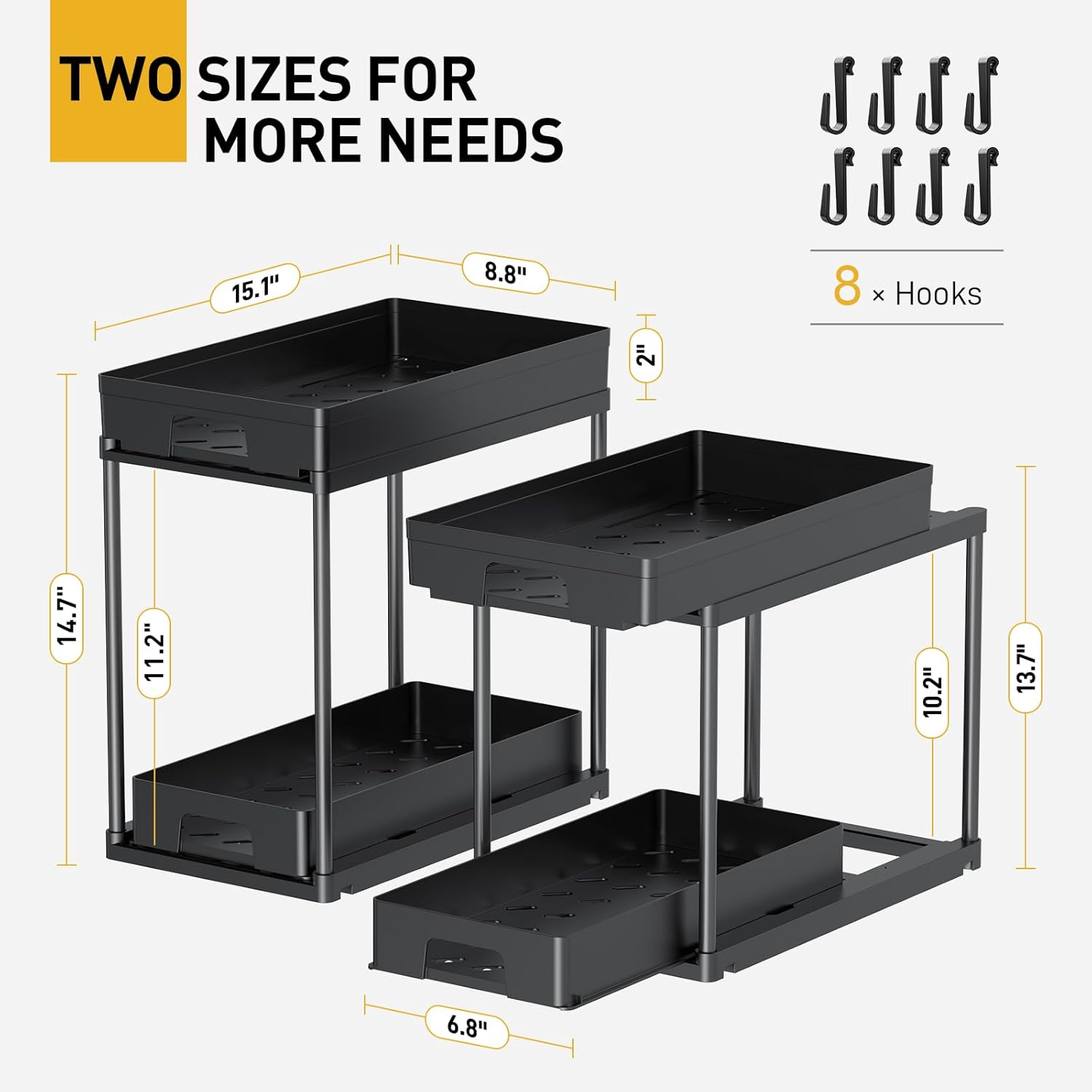 Delamu under Sink Organizers and Storage, 2 Pack Pull Out Kitchen Bathroom Cabinet Organizer, 2 Tier Black under Sink Storage for Bathroom Kitchen, under Counter Storage Organizer with 8 Hooks image number 6