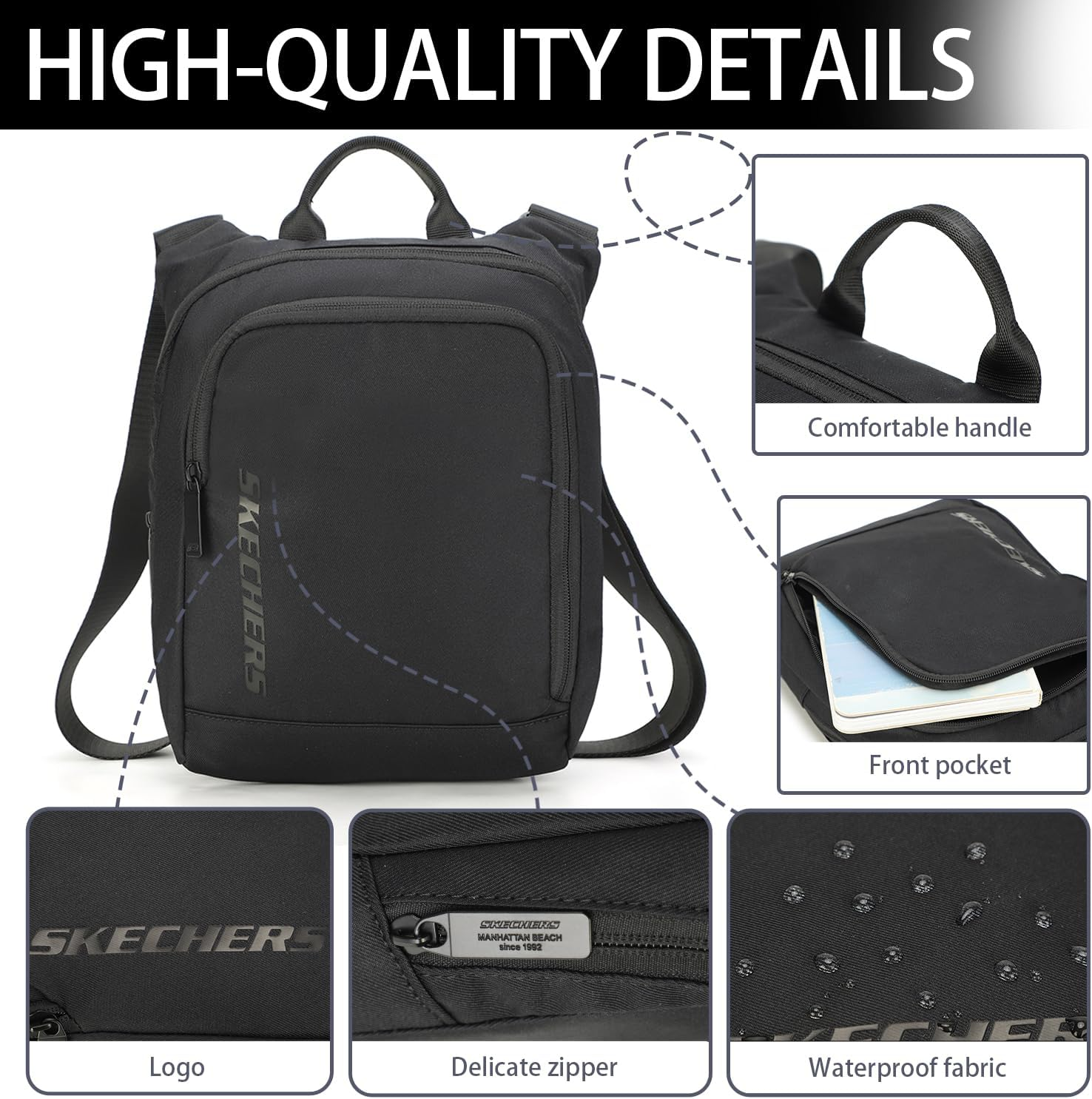 SKECHERS Men Casual Crossbody Messenger Bag, Waterproof Small Shoulder Satchel Bag for Travel Work, Lightweight Daypack Travel Passport Handbags Wallet Case for Cell Phone