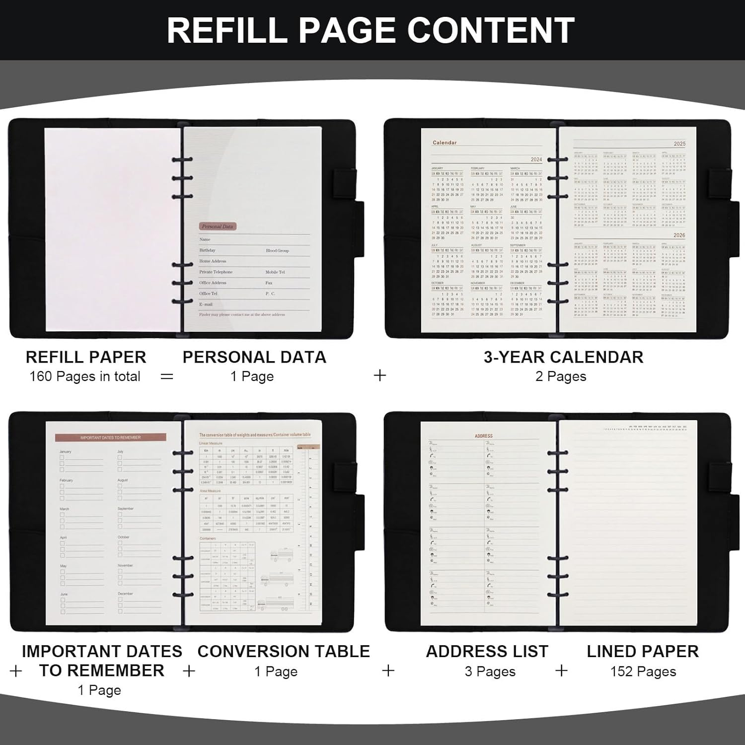 HXRTANGS PU Leather Notebook A5, 6-Ring Binder Journal Refillable Business Notebook, Personal Planner Organizer with Pockets/Pen Holder/Accessories/Lined Paper 160 Pages, Black - Black image number 4