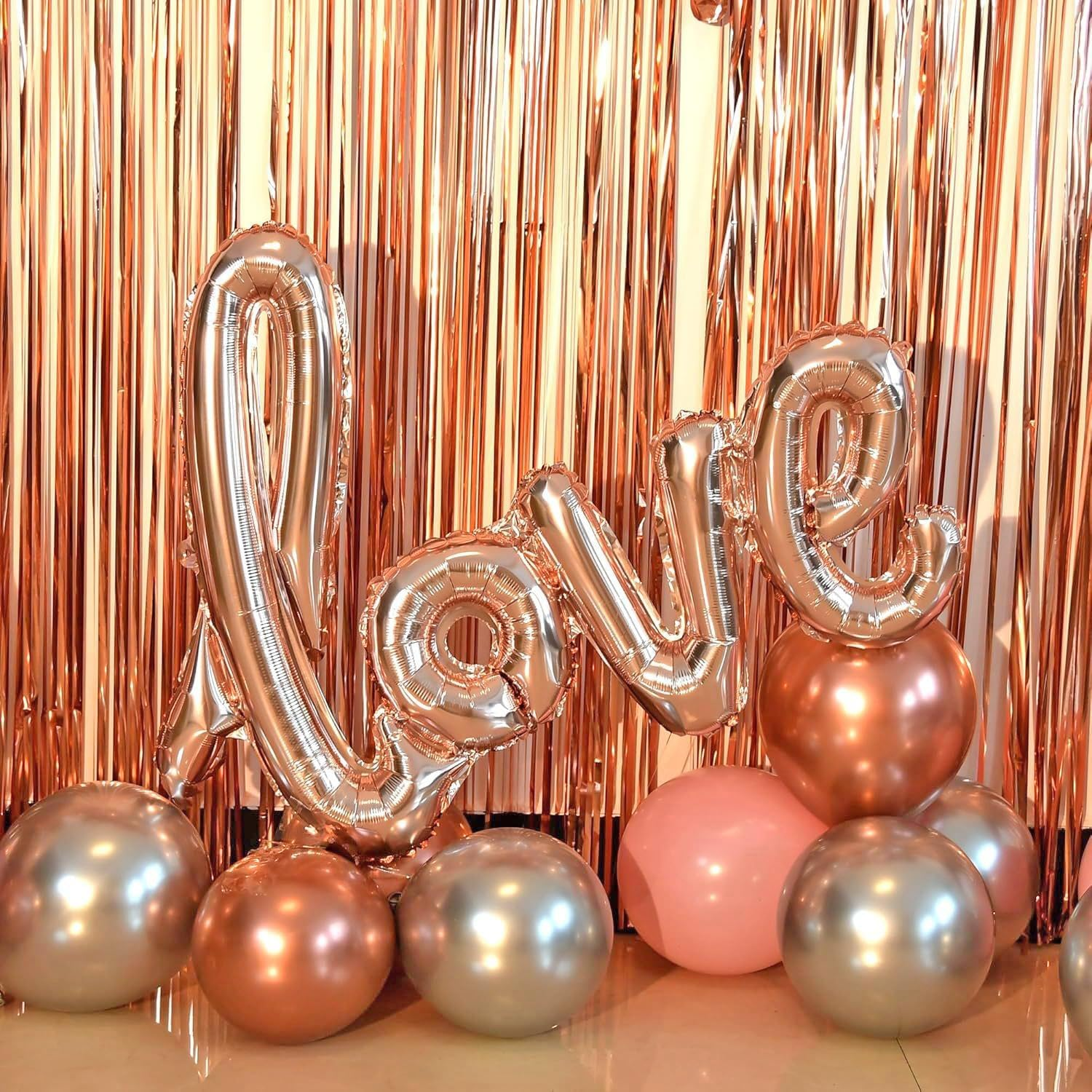 Rose Gold Birthday Decorations for Women, Girls Princess Happy Birthday Party Banner Pink Gold Bachelor Party Balloon with Fringe Curtain, Hearts, Wine Glasses, Crown , Love Aluminum Balloon image number 1