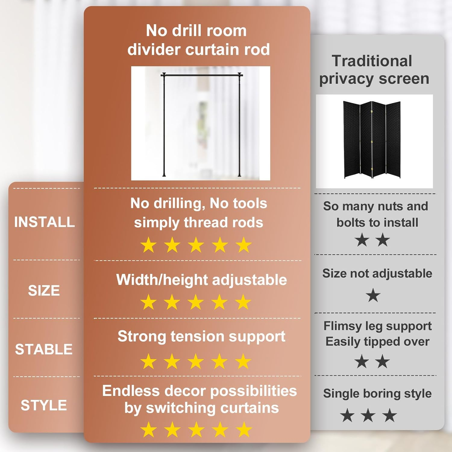 HORSE SECRET Room Divider Curtain Rod, Vertical Tension 28-70Inch(W) 4-10Ft (H) Adjustable Heavy Duty Floor to Ceiling Self Stand - Anywhere Freestanding Damaging Free for Space Partition Matt Black image number 2