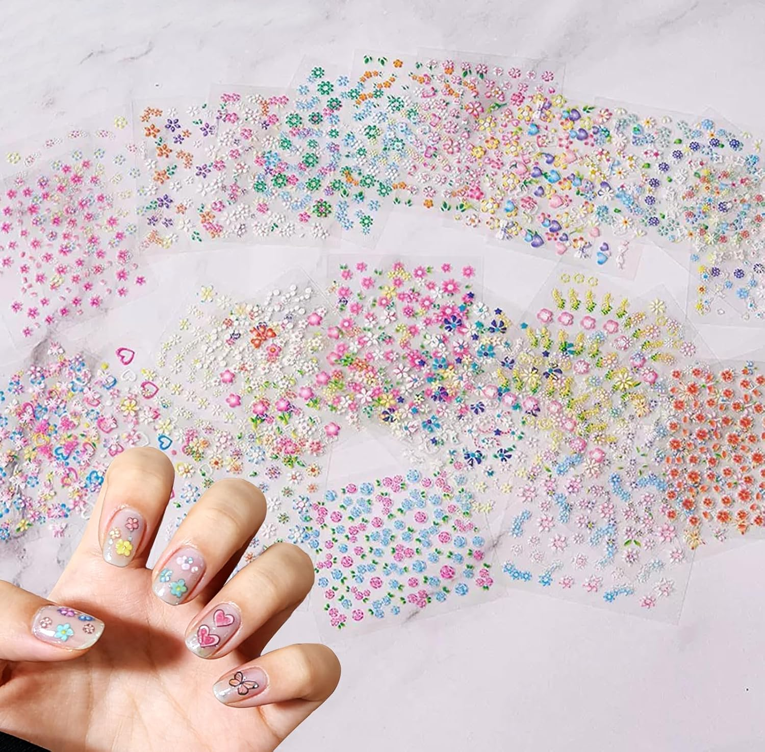 30 Sheets 3D Colorful Flower Nail Art Stickers &ndash; Self-Adhesive Floral, Daisy, Heart & Bow Tie Nail Designs for Manicure & Nail Decoration image number 1