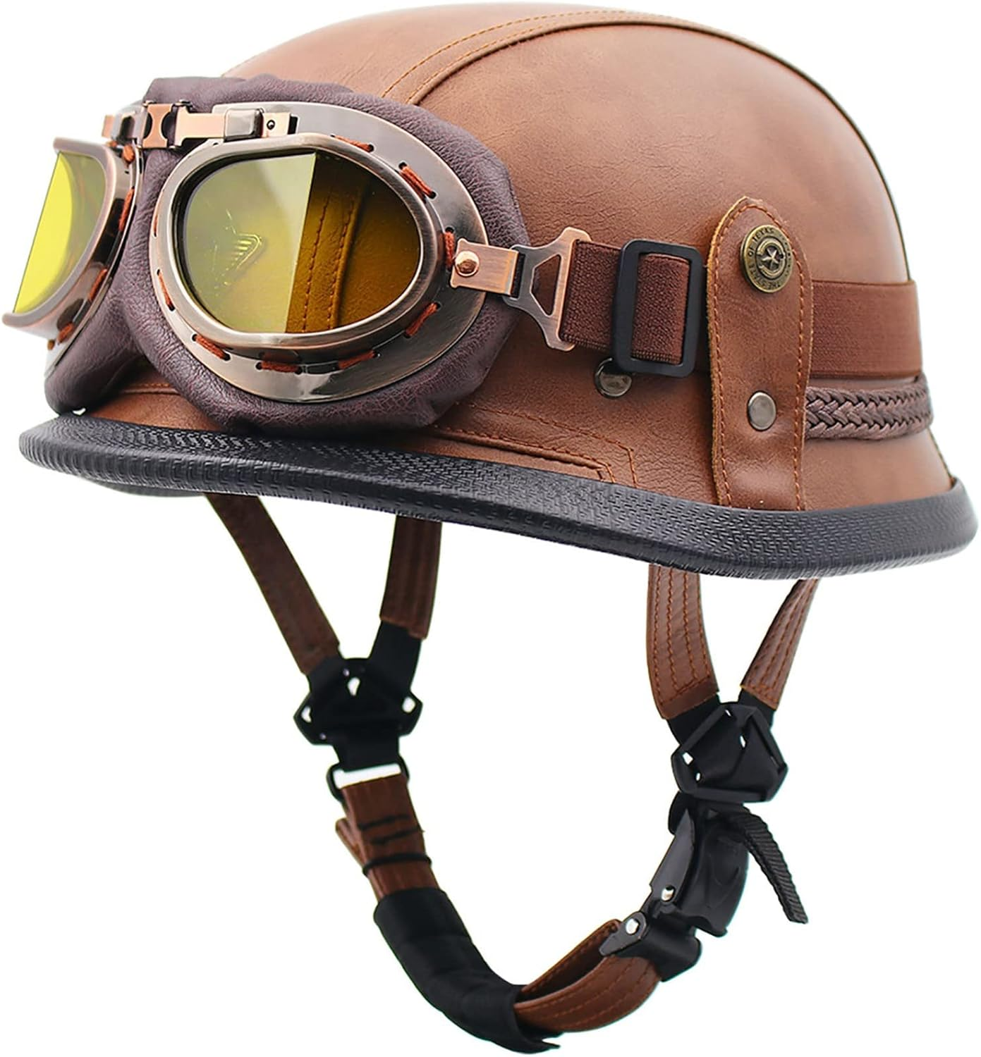 Leather Half Helmet with Yellow Goggles Vintage Motorcycle Half Shell Helmet Removable and Washable Liner Motorcycle Helmet for Adults Men Women DOT/ECE Approved