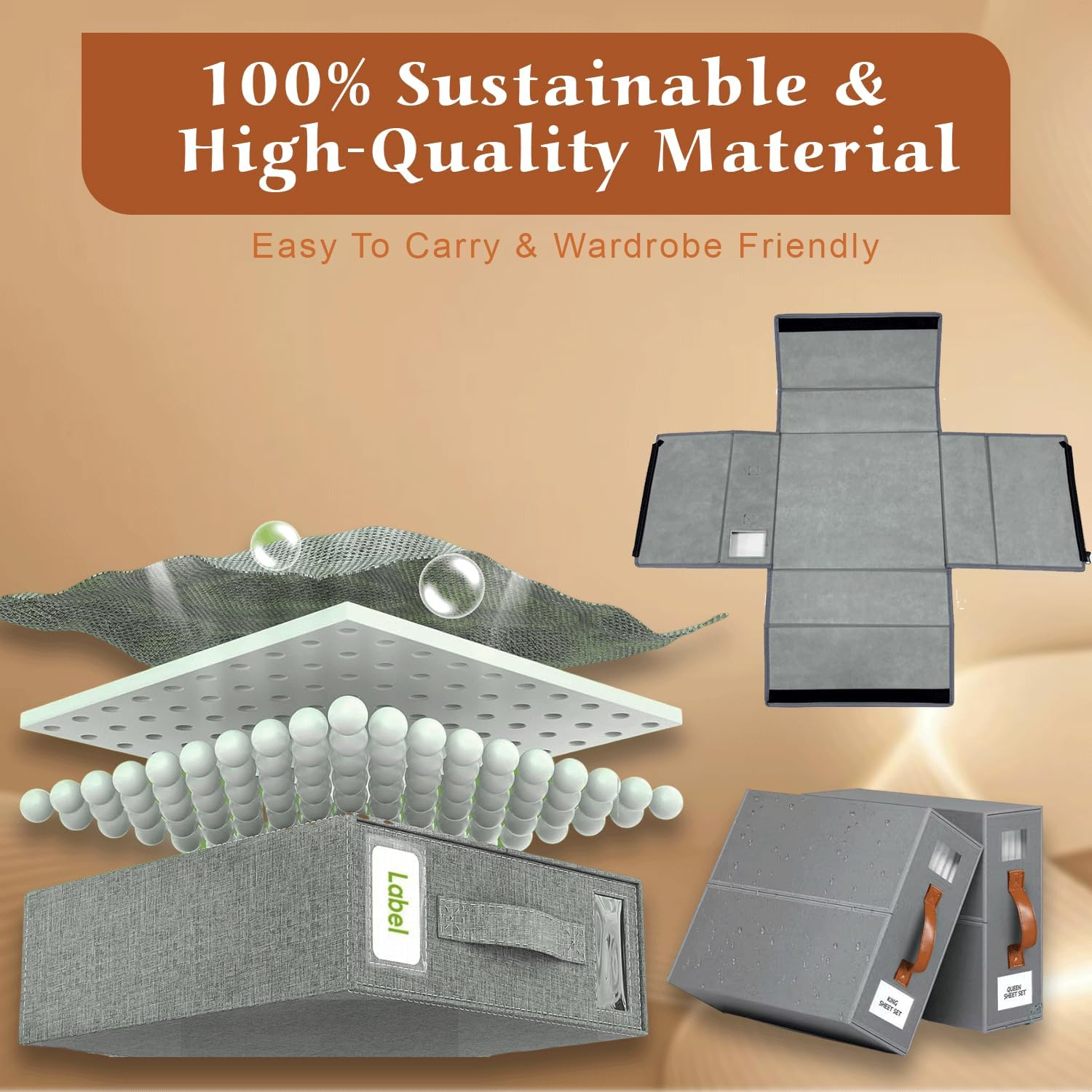 4 Pack Bedsheet Organizer with a Laundry Bag (Queen & King Size) - Foldable Bed Linen Storage with Window, Label & Zipper - Fabric Storage Bins for Clothes, Pillow Covers, Bed Sheets & Blankets image number 3