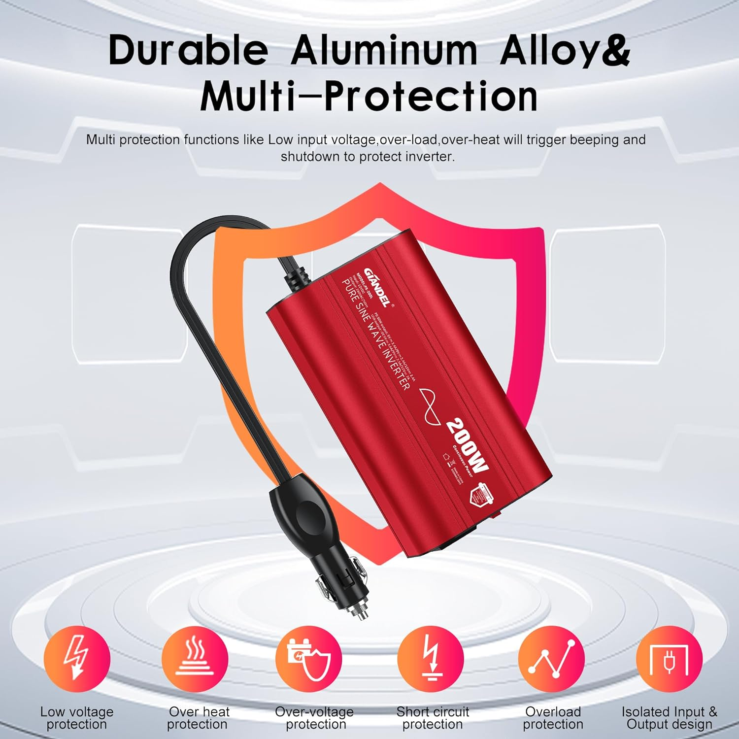 GIANDEL Pure Sine Wave 200 Watt Power Inverter DC 12V to AC 240V Car Adapter with Type-C PD30W and QC3.0 USB Fast Charging for Tablets Laptops Smartphones image number 3