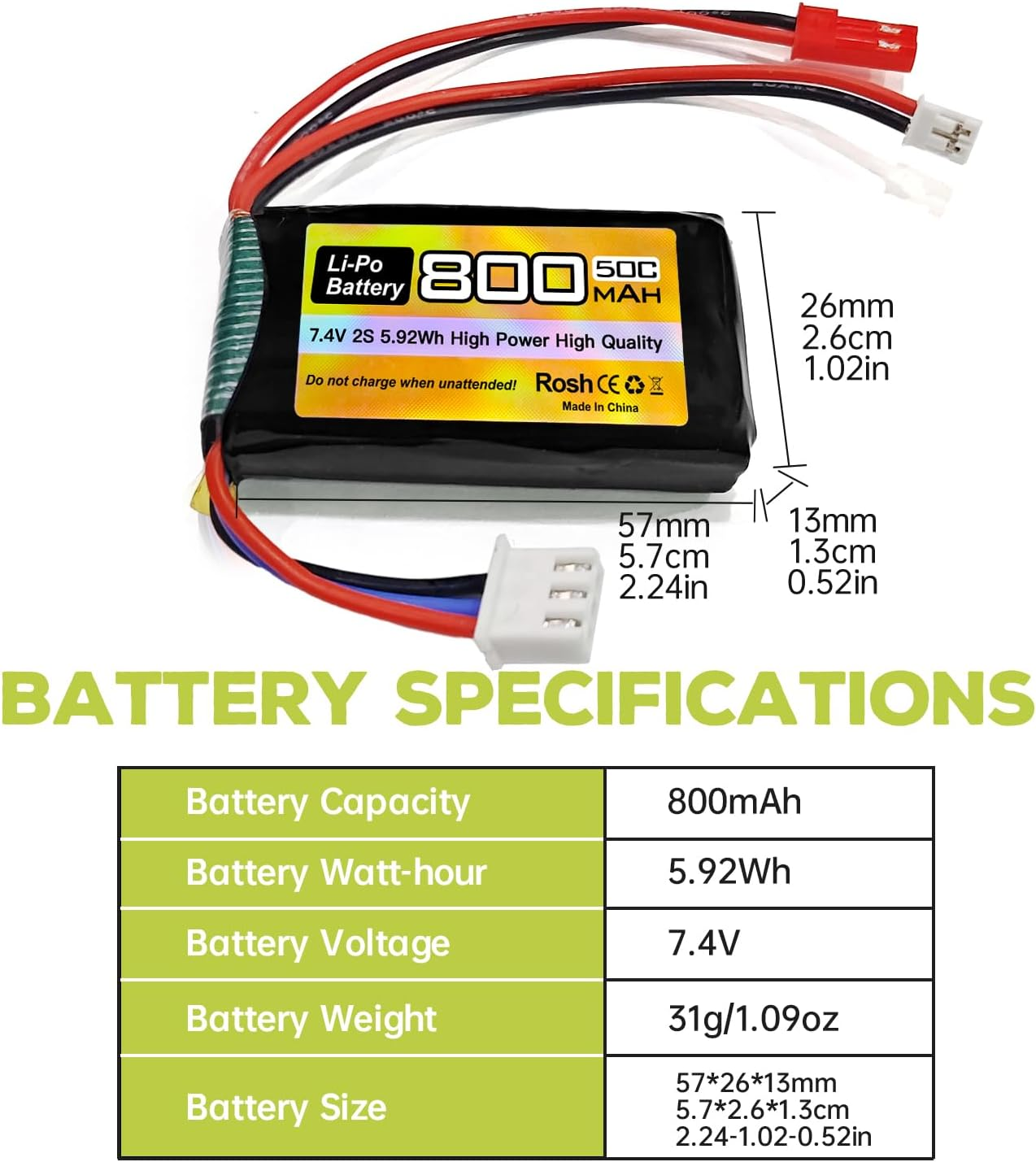 Fytoo 2PCS 7.4V Lipo 2S 50C 800Mah with JST and PH2.0 Plug with 2In1 Charger for SCX24 RC Car Battery, Compatible with Most 1/10, 1/16, 1/18, 1/24 Scale RC Car, Truck and RC Drone Batteries image number 2