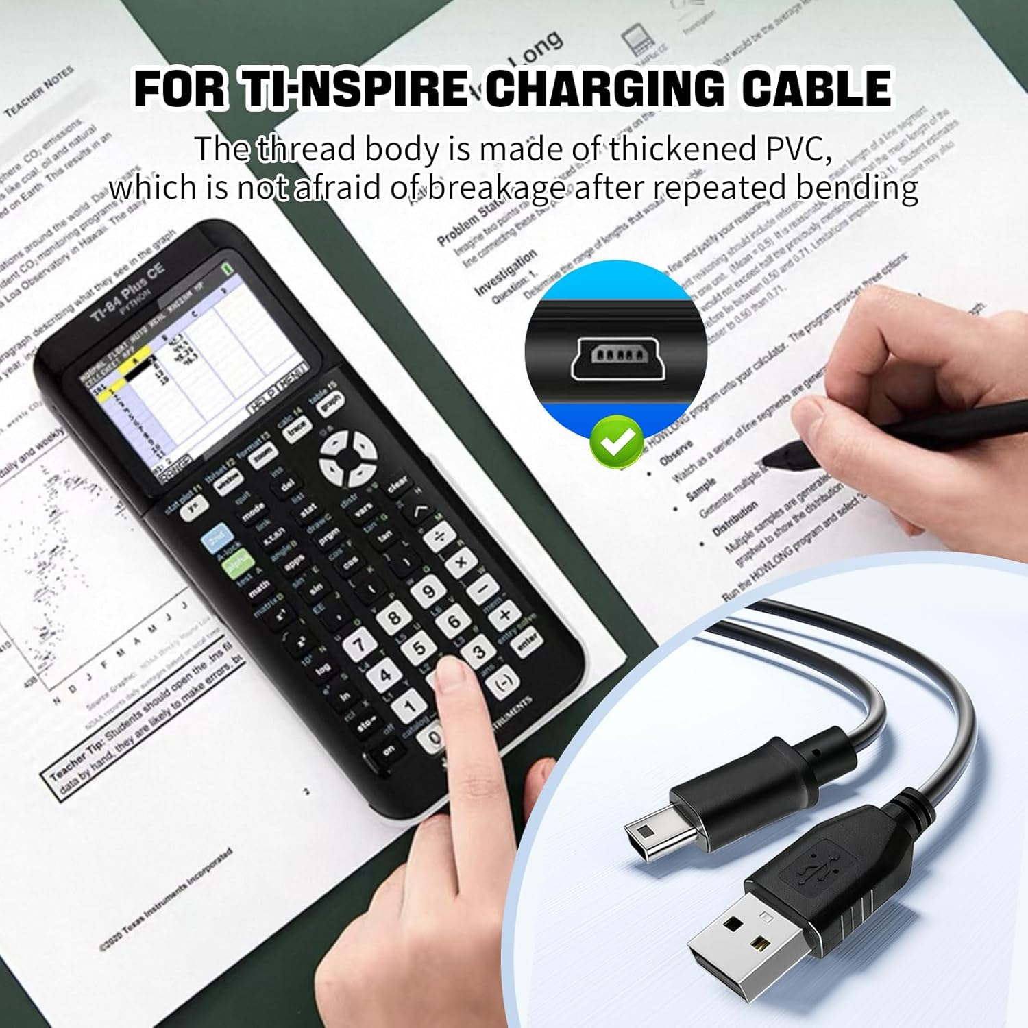 Ti 84 plus Ce Charger, Ti84 plus Ce Charger Cable for Texas Instruments Calculators TI84 plus TI-84 C Silver Edition TI 89 Titanium TI Nspire CX TI Nspire CX CAS Calculator Charger image number 1