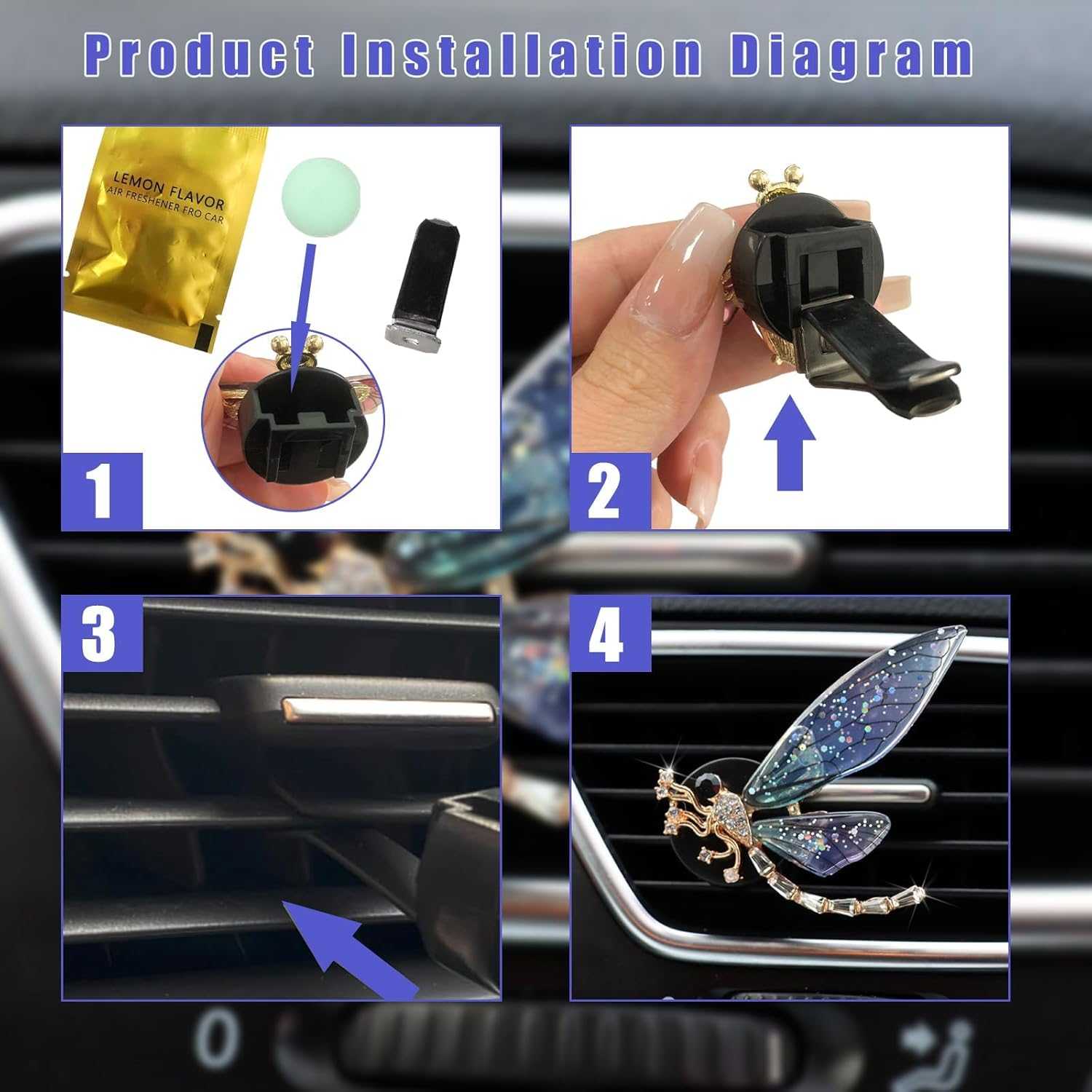 2PCS Bling Dragonfly Air Vent Clips, Cute Crystal Car Air Fresheners Vent Clips, Rhinestone Diamond Auto Diffuser Vent Clip for Women Girls, Car Interior Decor Accessories (Blue)