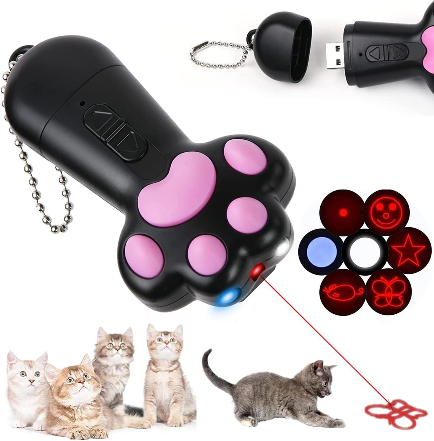 Mumoo Bear Cat Dog Red Pointer Light Toy, 7 in 1 Paw Style Cat Toys Cat Dog Interactive Toy, USB Rechargeable LED Cat Pen Light, Pet Scratching Practice Chase Training Tool (Black)