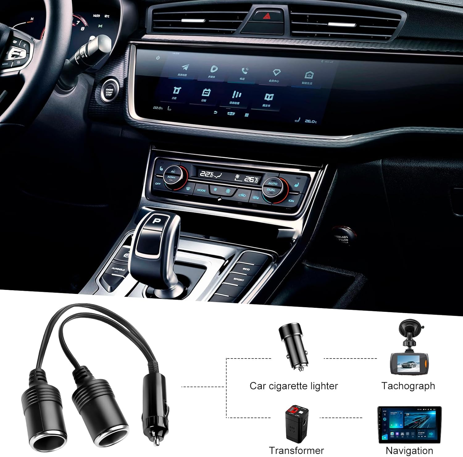 1 to 2 Car Cigarette Lighter Splitter Adapter - 12V/24V Plug Socket 2-Way Splitter Y Adapter with 15A Fuse, 9.84" Extension Cord with Dual Charger Port for Simultaneous Charging for Cars Trucks Rvs image number 1