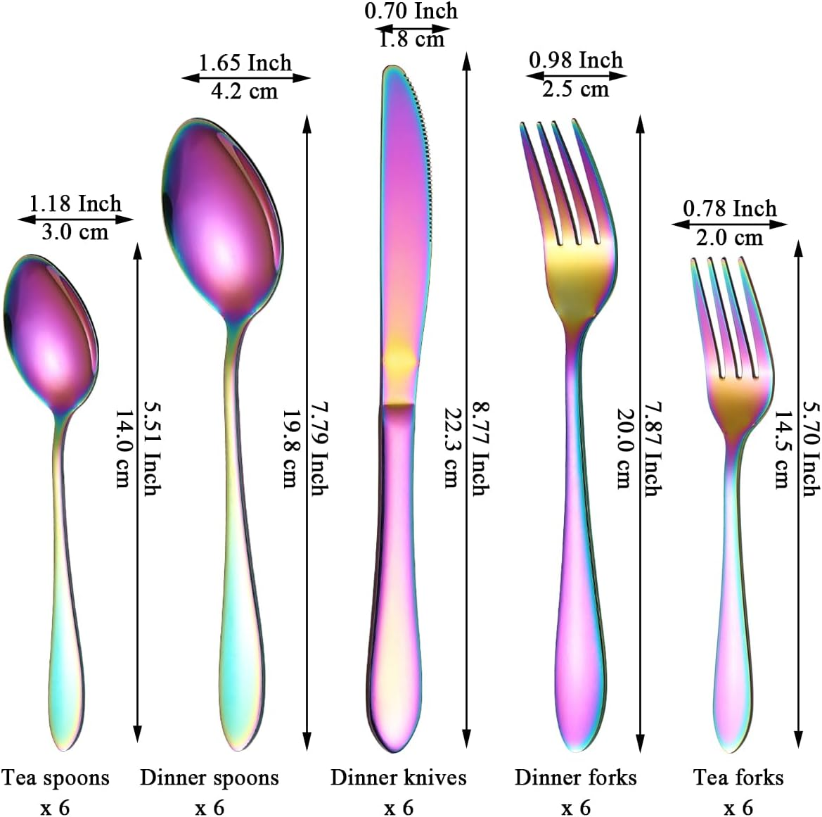 Reanea Cutlery Set 30 Pieces for 6 People Rainbow Cutlery Titanium Cutlery Set Includes Knives, Spoons, Forks, Teaspoons, Salad Forks, Salad Forks, Dishwasher Safe