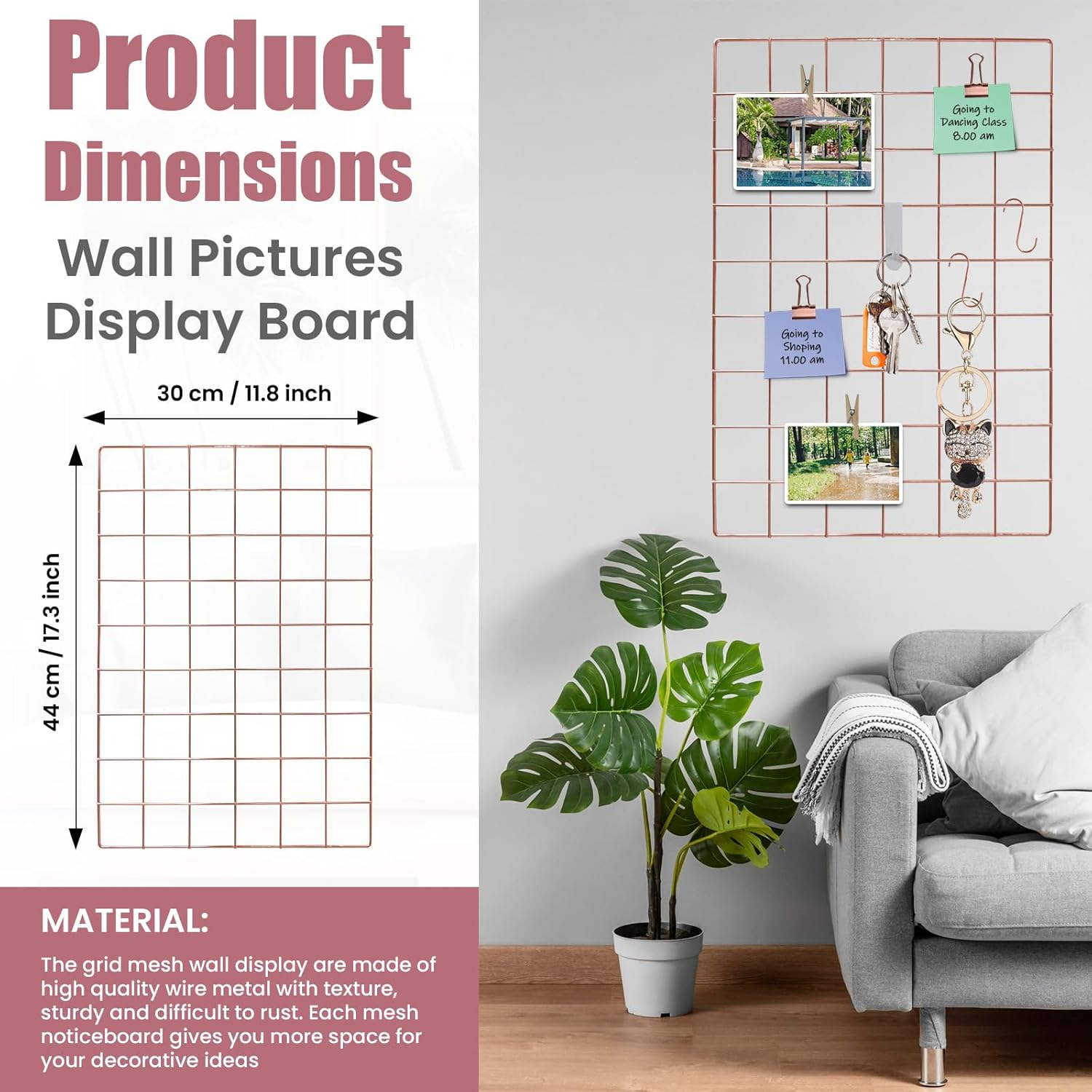 Metal Grid Wall Panel, Photo Display Organizer, 17.3"&times;11.8" Rose Gold Wire Board, Picture Frame, 4-Pack Mesh Memo Board with Clips and Hooks