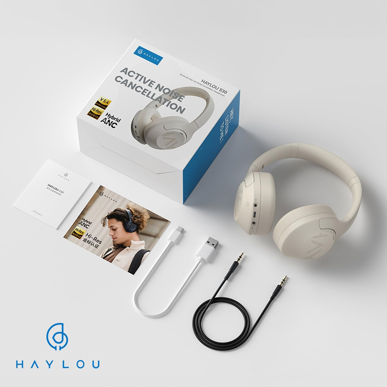 Haylou HL-S30WH Wireless Noise Cancelling Headphone, S30 (Maximum - 43 Db), Powerful Neukan, Bluetooth 5.4, High Resolution, 360 Spatial Audio, up to 80 Hours of Playback, Microphone Included, 2