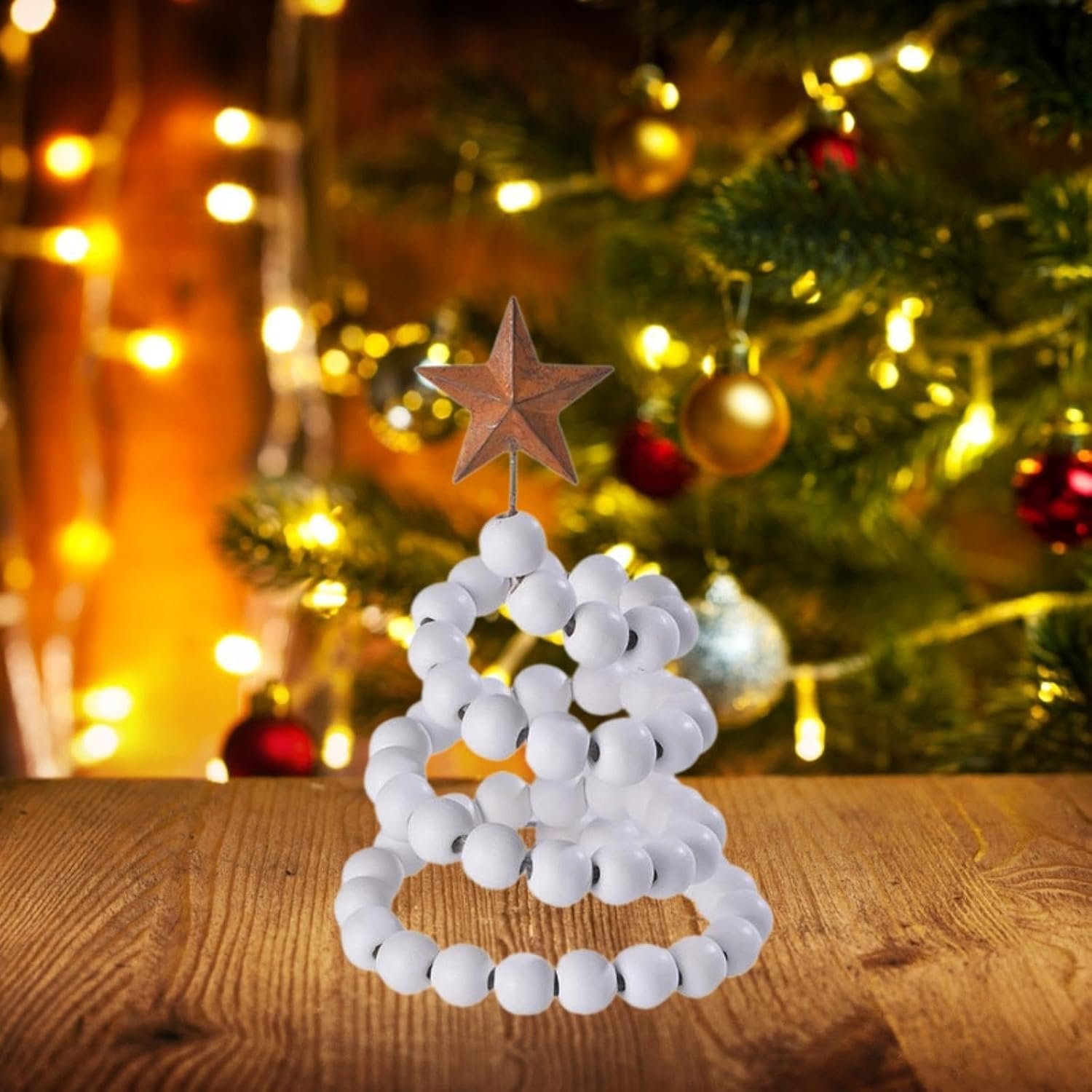 Mini Desk Christmas Tree, Wooden Bead Decorative Xmas Tree with Star Topper for Mantel,Birthday,Bedroom,Wedding,Holiday,Party, White image number 6