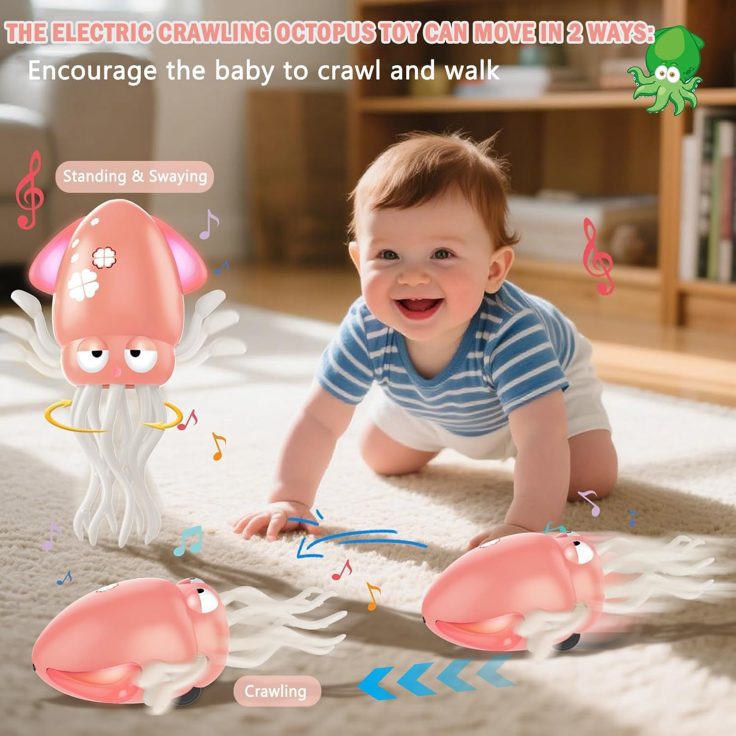 Electric Dancing Octopus Toy, Rechargeable Crawling Octopus Toys with Automatic Obstacle Avoidance, with Lights Music and Fishing Rod, Kid Crawling Toys Suitable for Tummy Time (Pink)