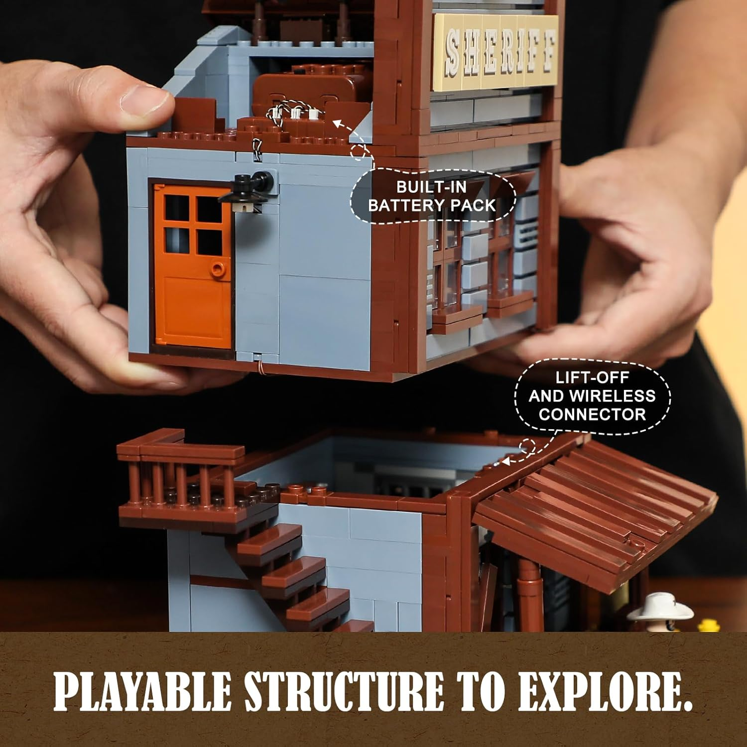 FUNWHOLE Old West Sheriff'S Office Lighting Building Blocks Set - Old West Modular Building Kits 1240 Pieces Cowboy Clamping Building Blocks Wild West Toy for Adults and Teenagers image number 5