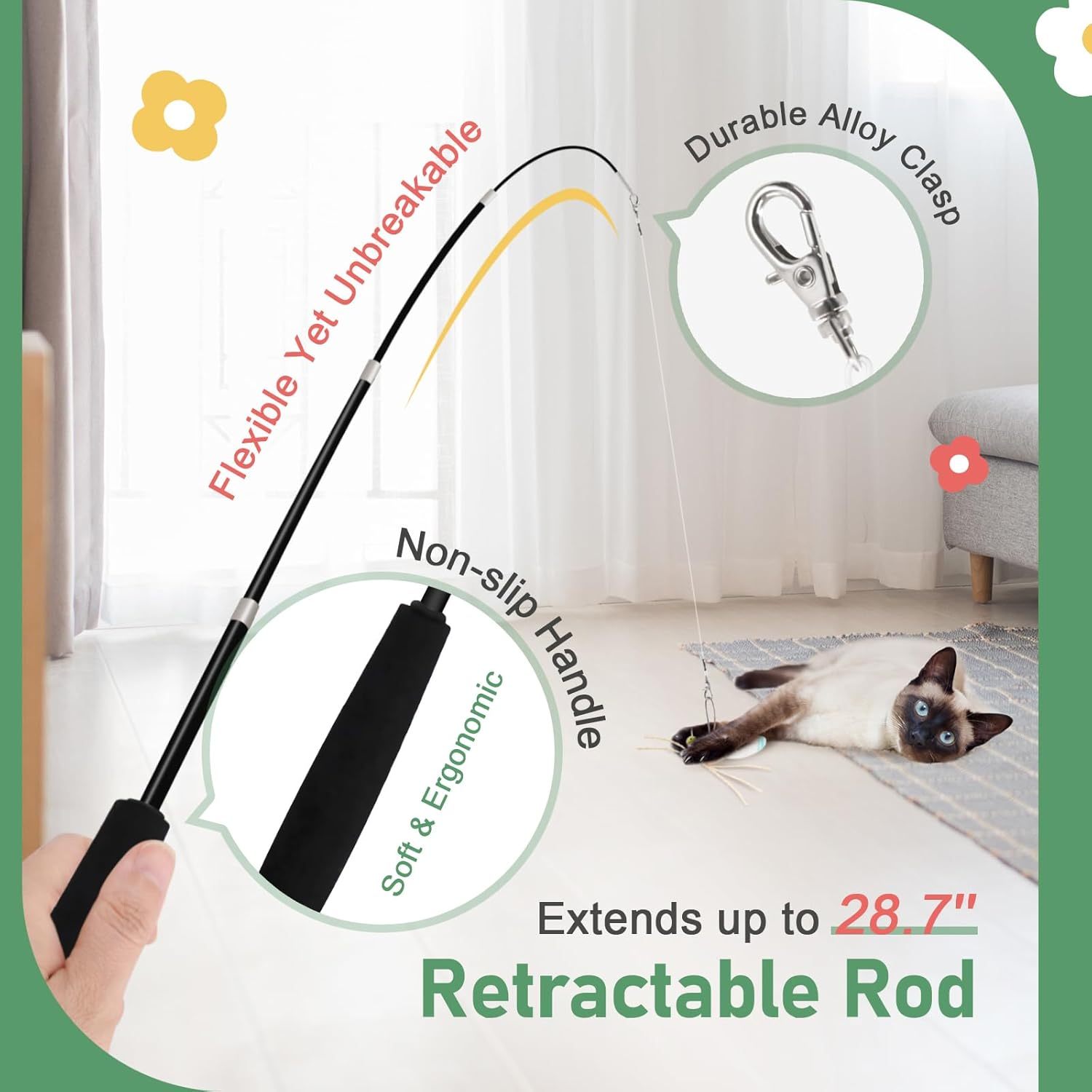 SONGWAY Cat Bug Toy Wand - Interactive Insect Cat Toys with Retractable Teaser Wand and 4 Pcs Bug Toy Feather Replacements for Cats Kittens image number 5