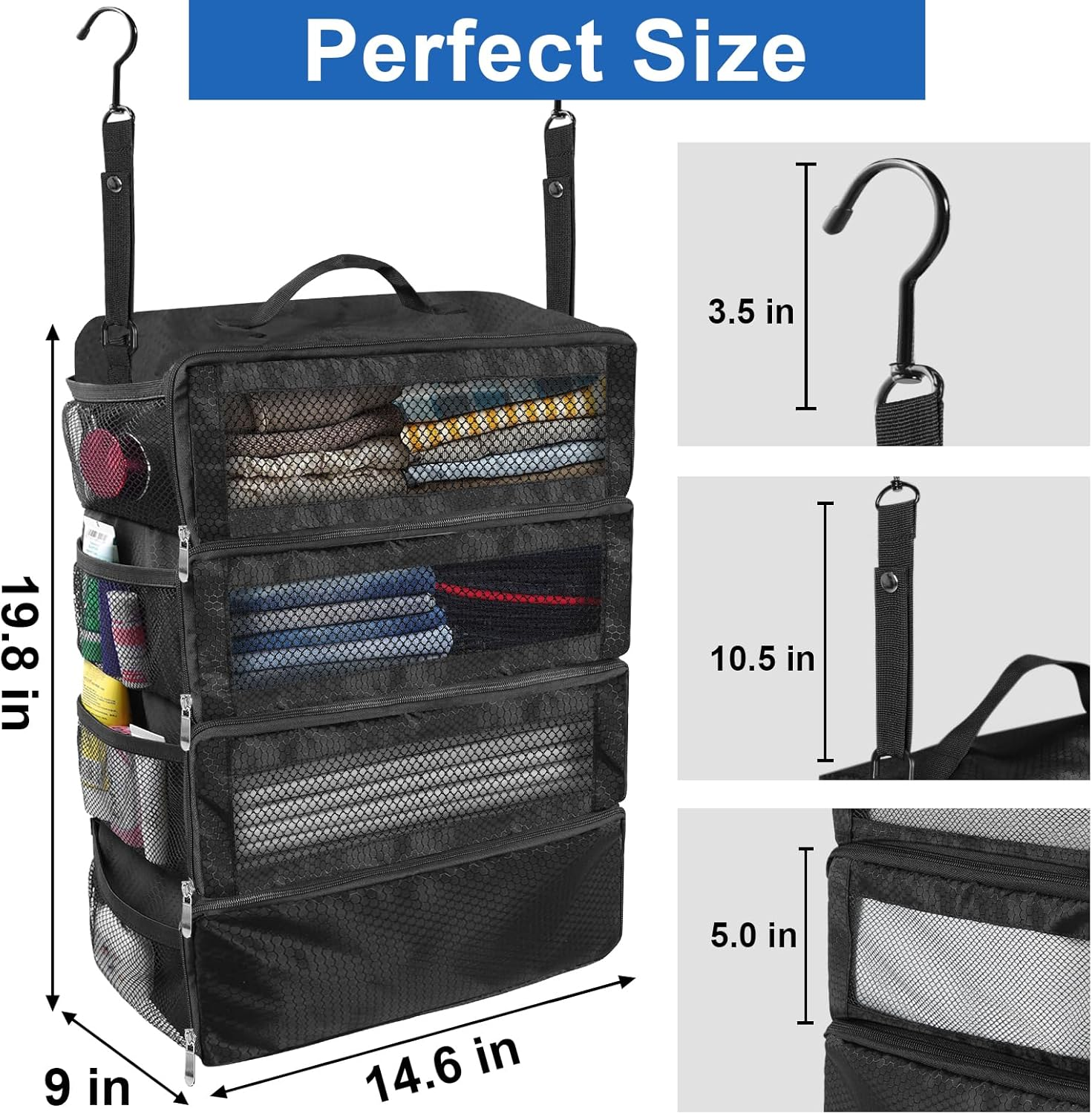 Suitcase Organizer, Travel Luggage Organizer Portable Hanging Travel Shelves Collapsible Hanging Packing Cubes for Carry on Suitcase, Black-M, Medium, Modern