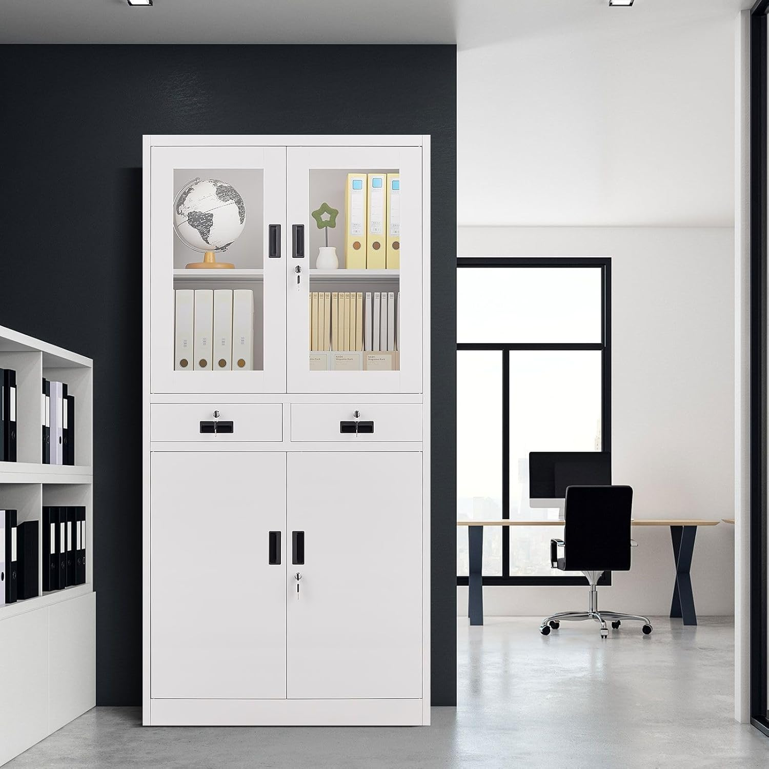 185Cm Steel File Locker Cabinet Lockable Filing Storage with 4 Adjustable Shelves and 2 Drawers,2 Tempered Glass Door & 2 Metal Door Cupboard Office Garage Stationary image number 6