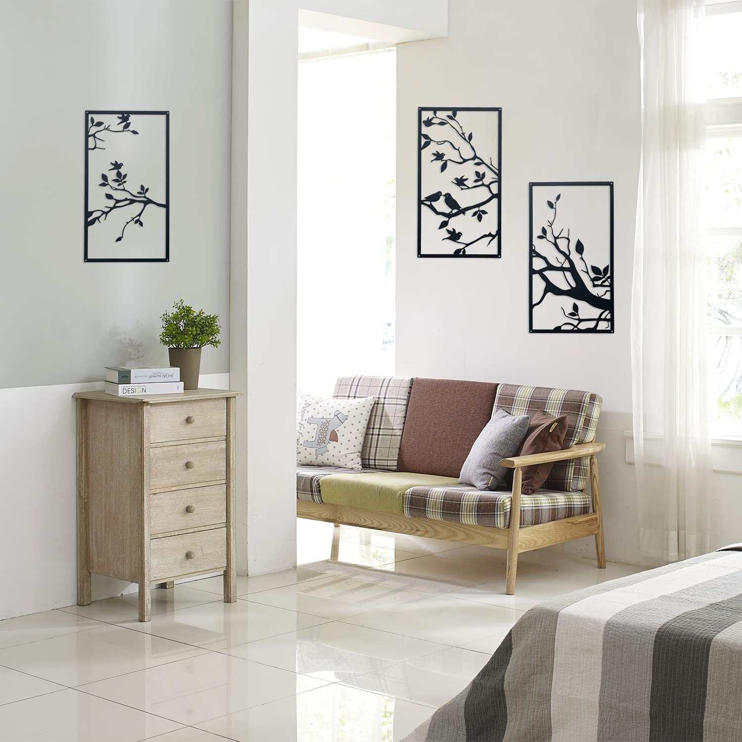 3 Pcs Birds on Branch Large Metal Wall Art Decor,Black Tree of Life Silhouette Sculpture,Leaves with Birds Metal Ornament Hanging Sign for Home Garden Office Living Room Indoor Outdoor