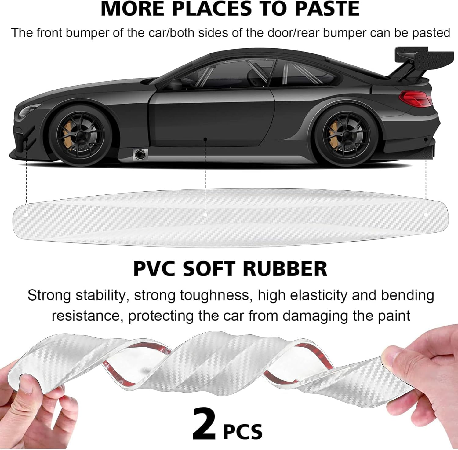Zurligi 2 Pcs Car Bumper Protector Strip, Carbon Fiber Car Front Rear Bumper Guard Protector Rubber Strips, Universal Front Rear Corner Guard Anti-Collision Strip for SUV, Truck (White) image number 2