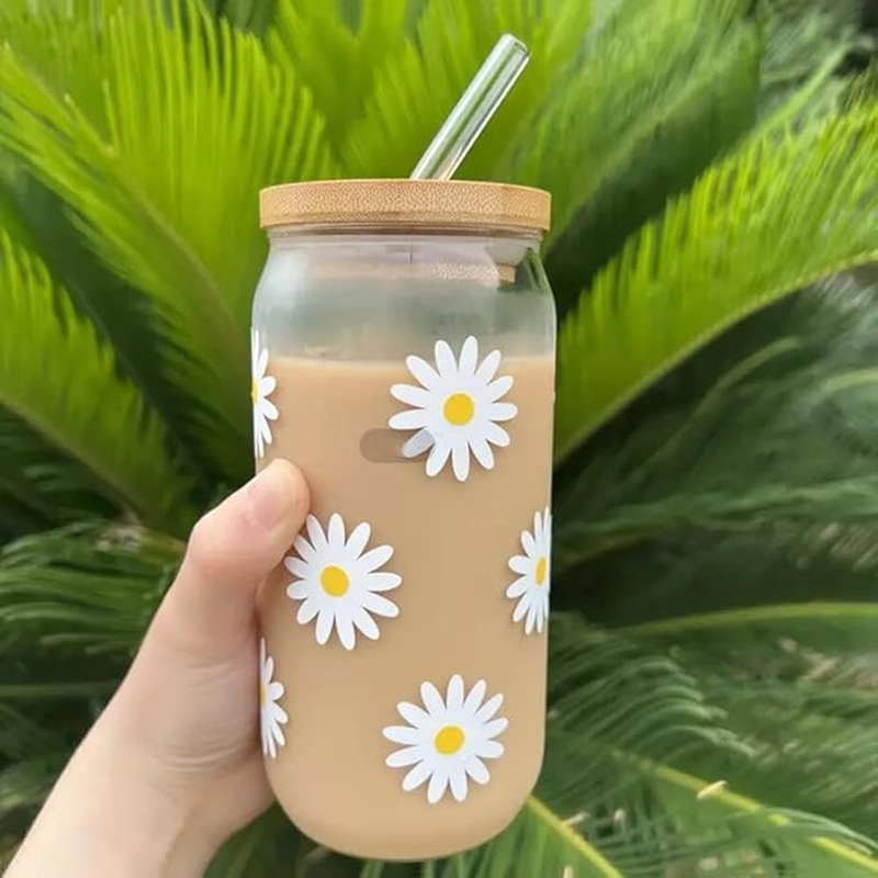 Cute Daisy Cup 16Oz Iced Coffee Cup, Cute Glass Cups with Bamboo Lids and Straws Beer Can Milk Mocha Cups - Christmas, Birthday Gifts for Women,Women'S Holiday 500Ml image number 1