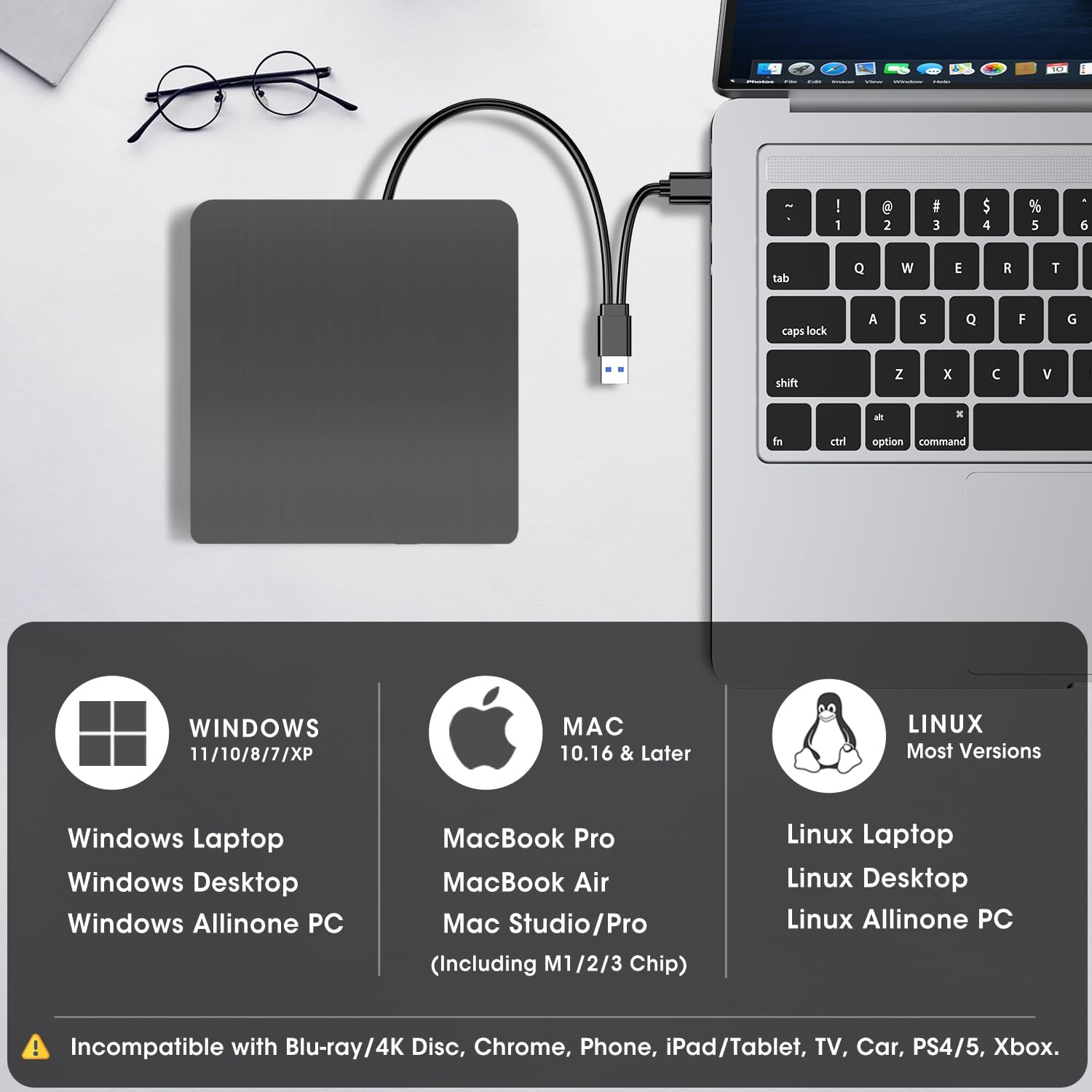 ROOFULL External CD/DVD Drive for Laptop, USB 3.0 & USB-C Portable CD/DVD-RW Player Reader Writer Burner, Optical Disc Drive for Windows 11/10 PC, Mac, Macbook & Linux Computer, ECD829-Y image number 3