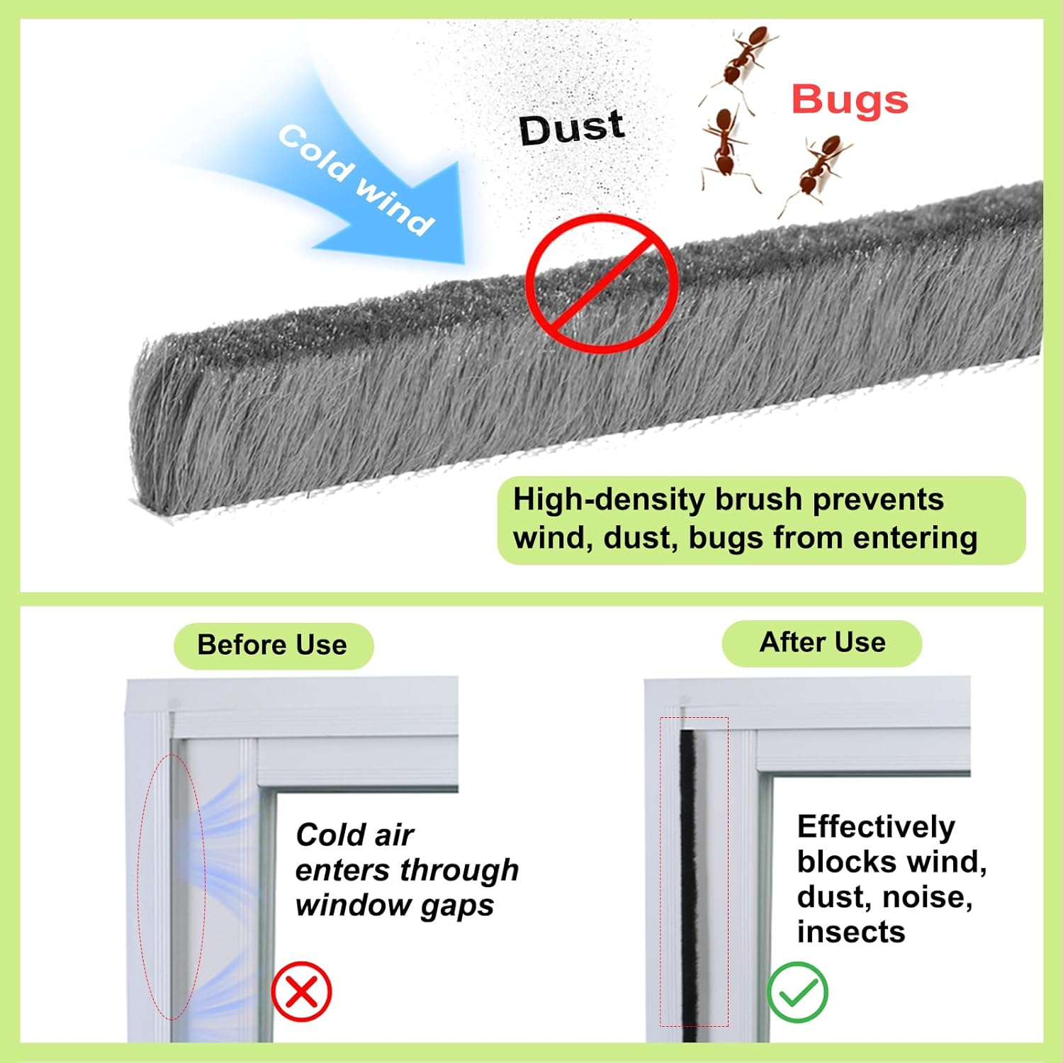 Brush Weather Stripping Door Seal -0.4 Inx0.4Inx33Ft,Effective Weather Stripping for Doors & Windows, Insulation Strip for Gap Filling,Draft Stopper for Exterior Doors, Window Seal,Conditioner image number 3