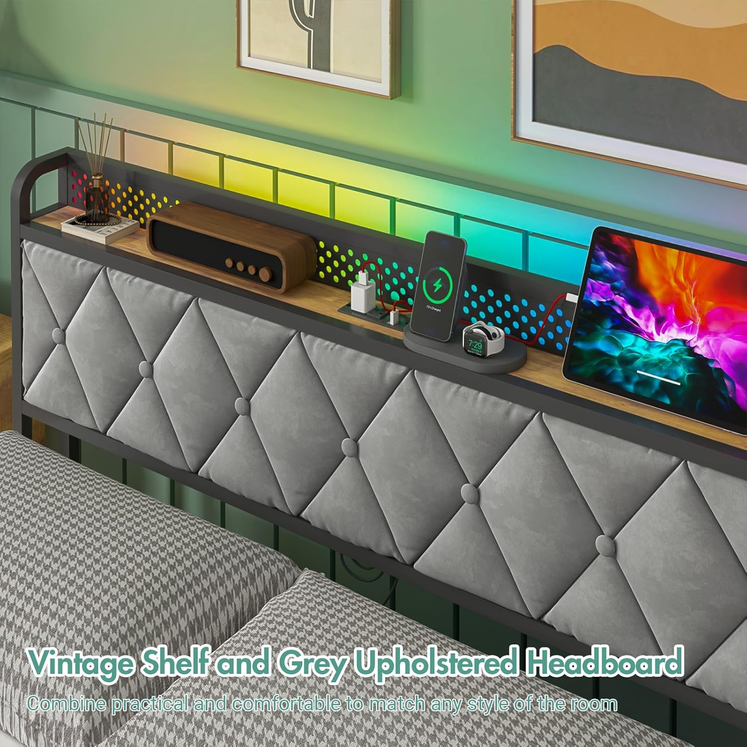 Ufurniture Queen Bed Frame with Headboard Storage, Industrial Metal Bed Base with USB Ports and LED Light, Mattress Platform with Charging Station, Bedroom Furniture image number 5