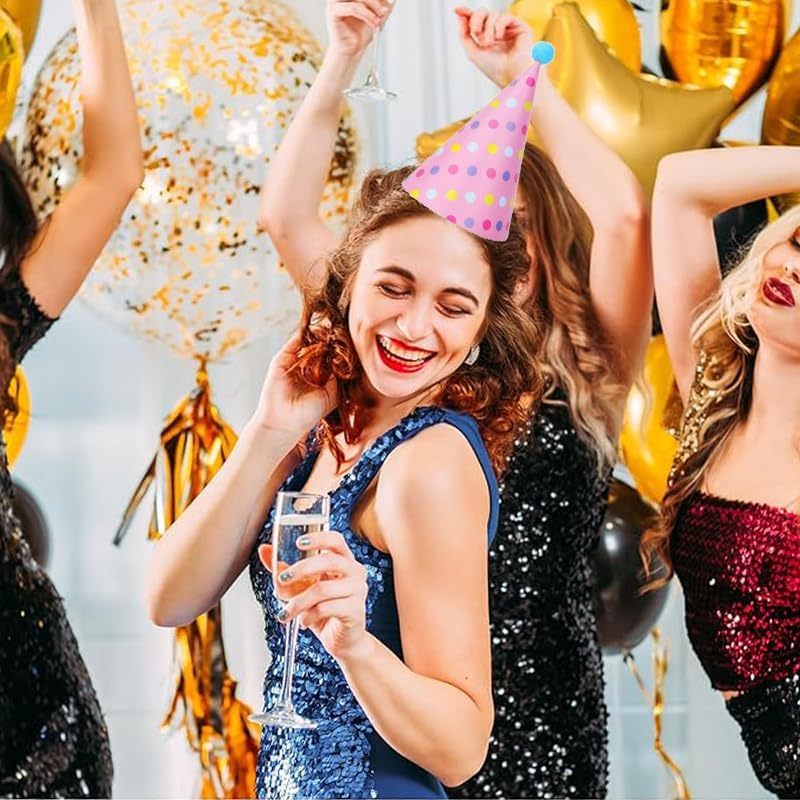 12 Pcs Party Hats Birthday Cone Hats DIY Party Hat with Pom Poms,Lovely Birthday Cake Cone Paper Hats Headbands Decoration DIY Activity Kit