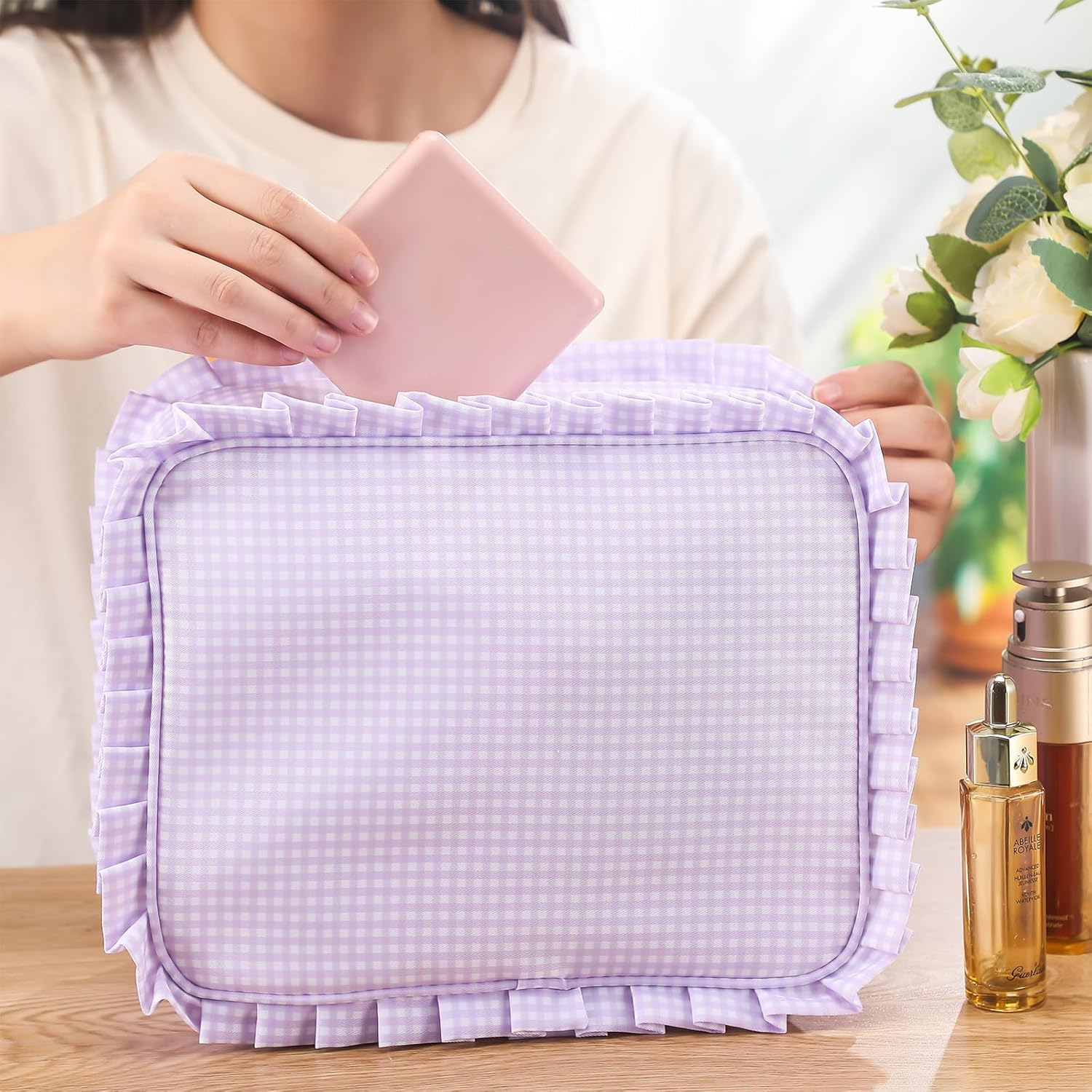 Siltriangle Gingham Ruffle Makeup Bag Large Travel Cute Checkered Cosmetic Toiletry Bag with Zipper for Women Girls, Toiletry Pouch Make up Organizer Gift, Purple image number 3