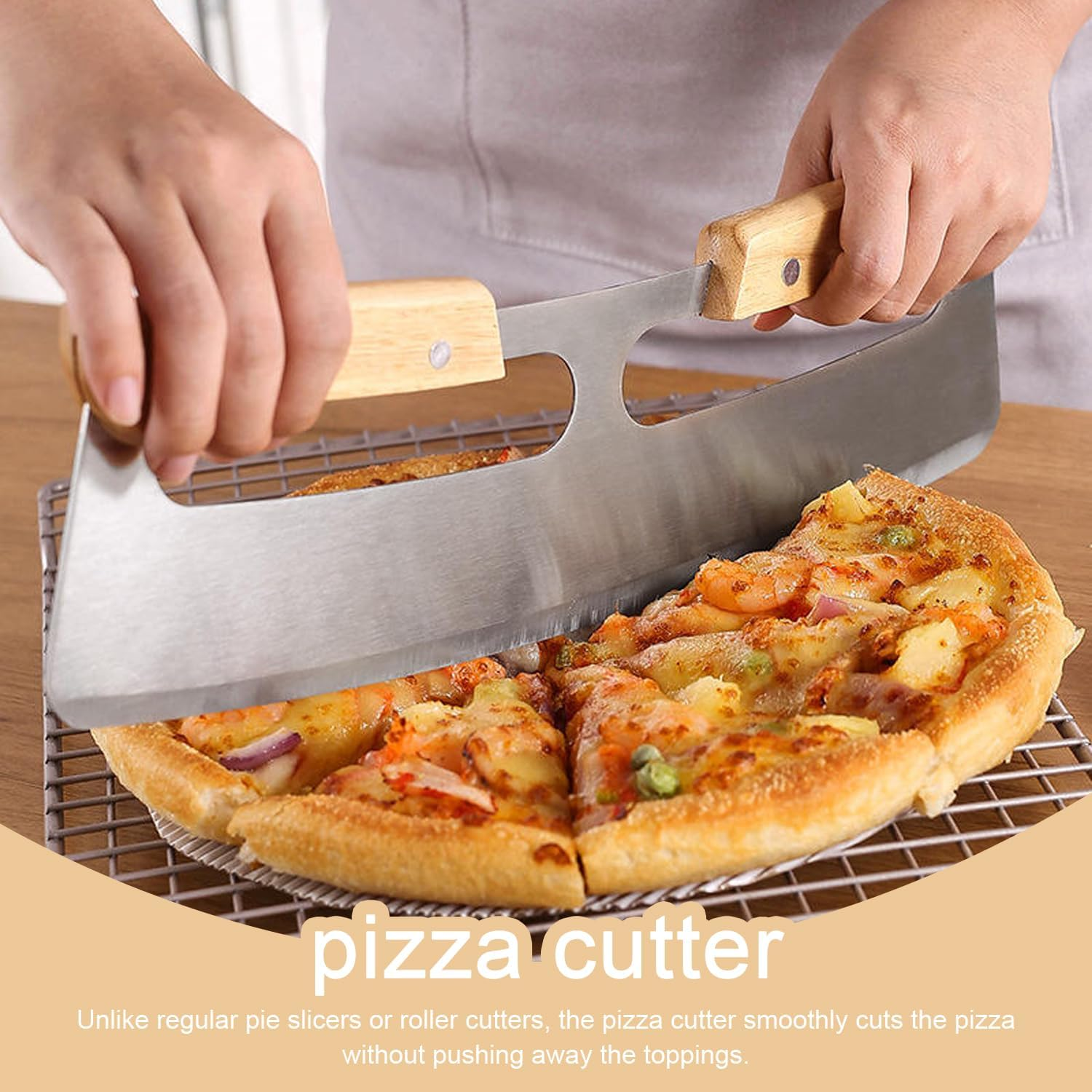 Pizza Cutter, Sharp Rocker Blade with Cover, Large Blade Solid Wood Double Grip Pizza Slicer, Long Stainless Steel Half round Bread Swing Knife, Big Pizza Knife Cutters for Kitchen Tool image number 4