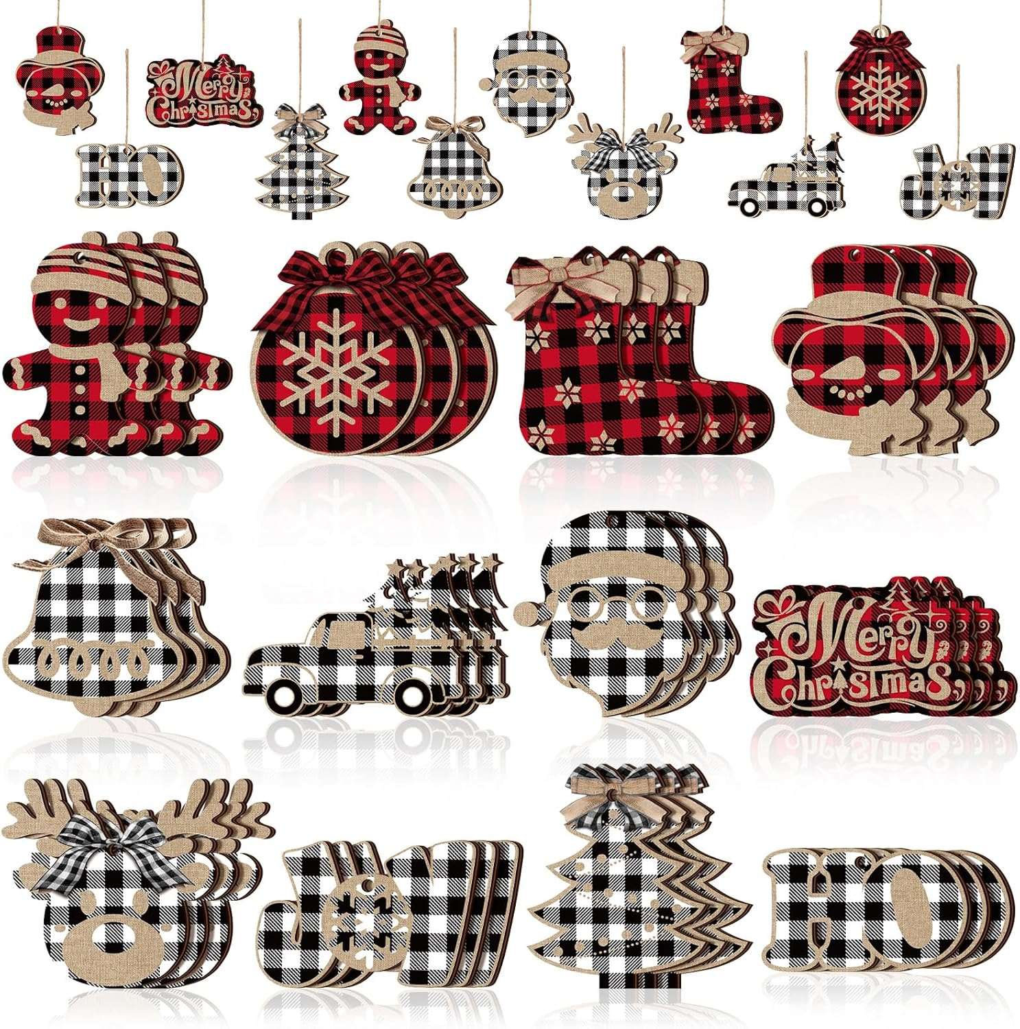 36 Pieces Christmas Buffalo Plaid Hanging Ornaments Christmas Tree Wooden Hanging Decor Wooden Christmas Ornaments Snowflake Reindeer Snowman Plaid Christmas Decor, 12 Styles (Wood Color)