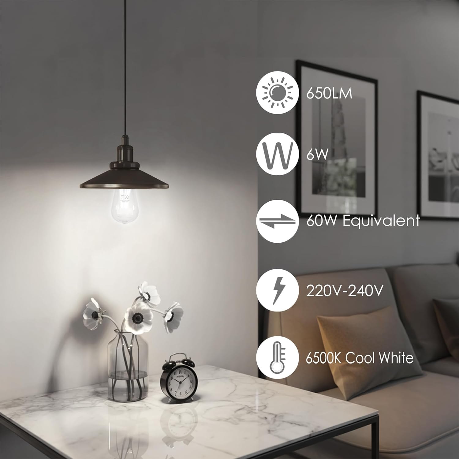 FTL E27 Vintage Edison Light Bulb 6500K Cool White,St64 6W E27 Filament Edison Screw Bulb 60W Halogen Equivalent,650Lm Antique Style LED Filament Bulbs,Non-Dimmable,Pack of 6