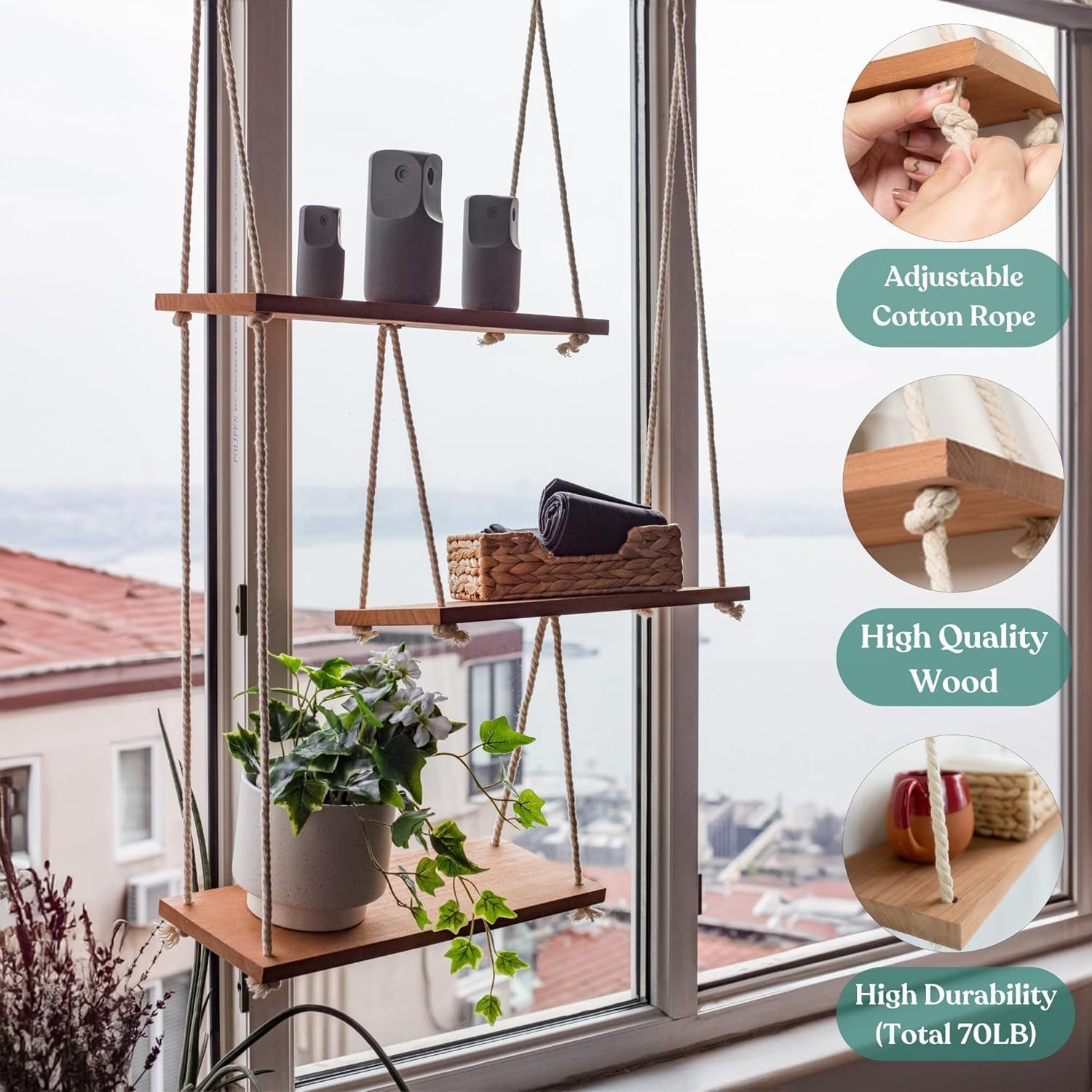 3 Tier Hanging Shelves for Wall,Wall-Mounted Shelf Boho Room Decor Handmade Cotton Rope,Hang Shelf to Walls Shelves for Plant Shelf Indoor Ledge Hang,Floating Racks to Walls image number 6