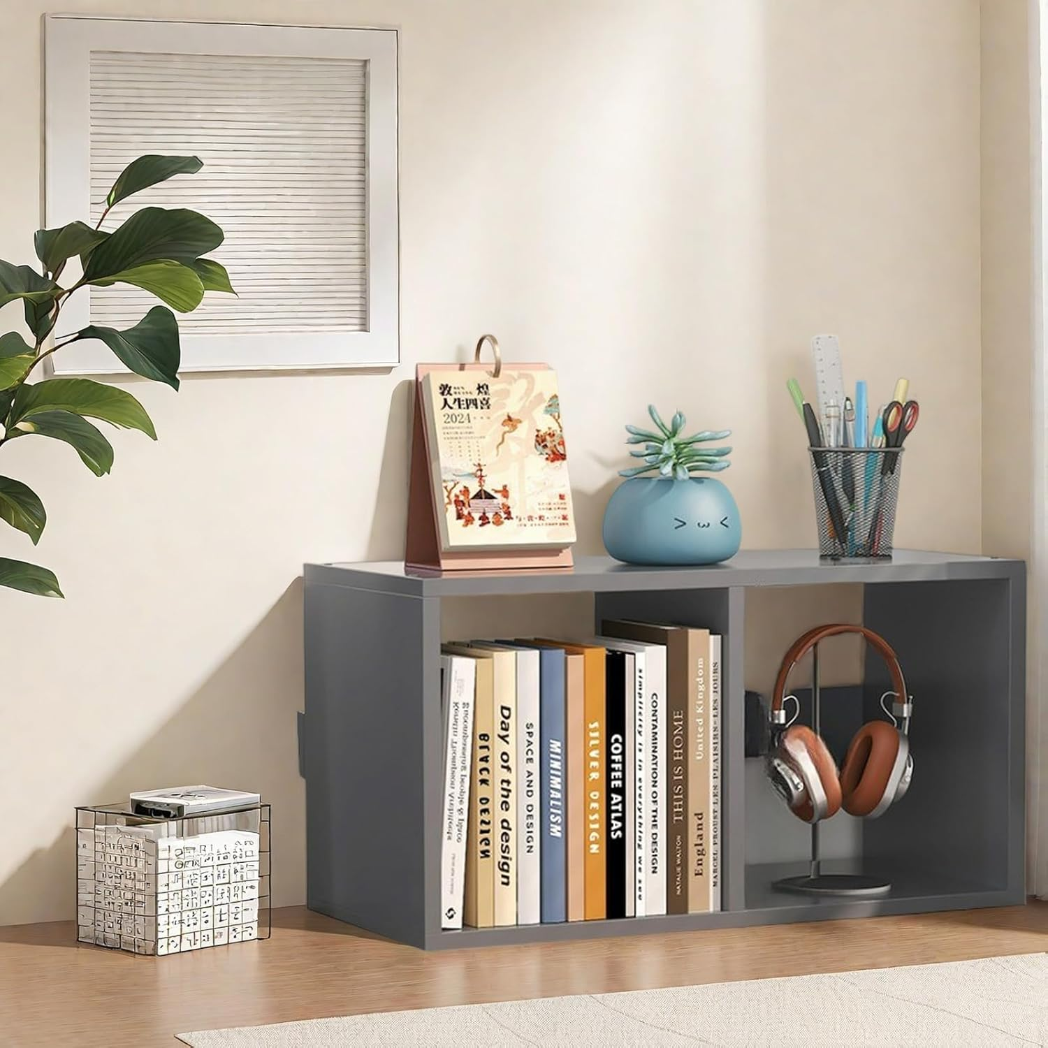 Desktop Organiser Wooden Bookshelf, Office Desk Display Shelf Unit, Book Storage Bookcase, Books Shelves A273 (Grey)