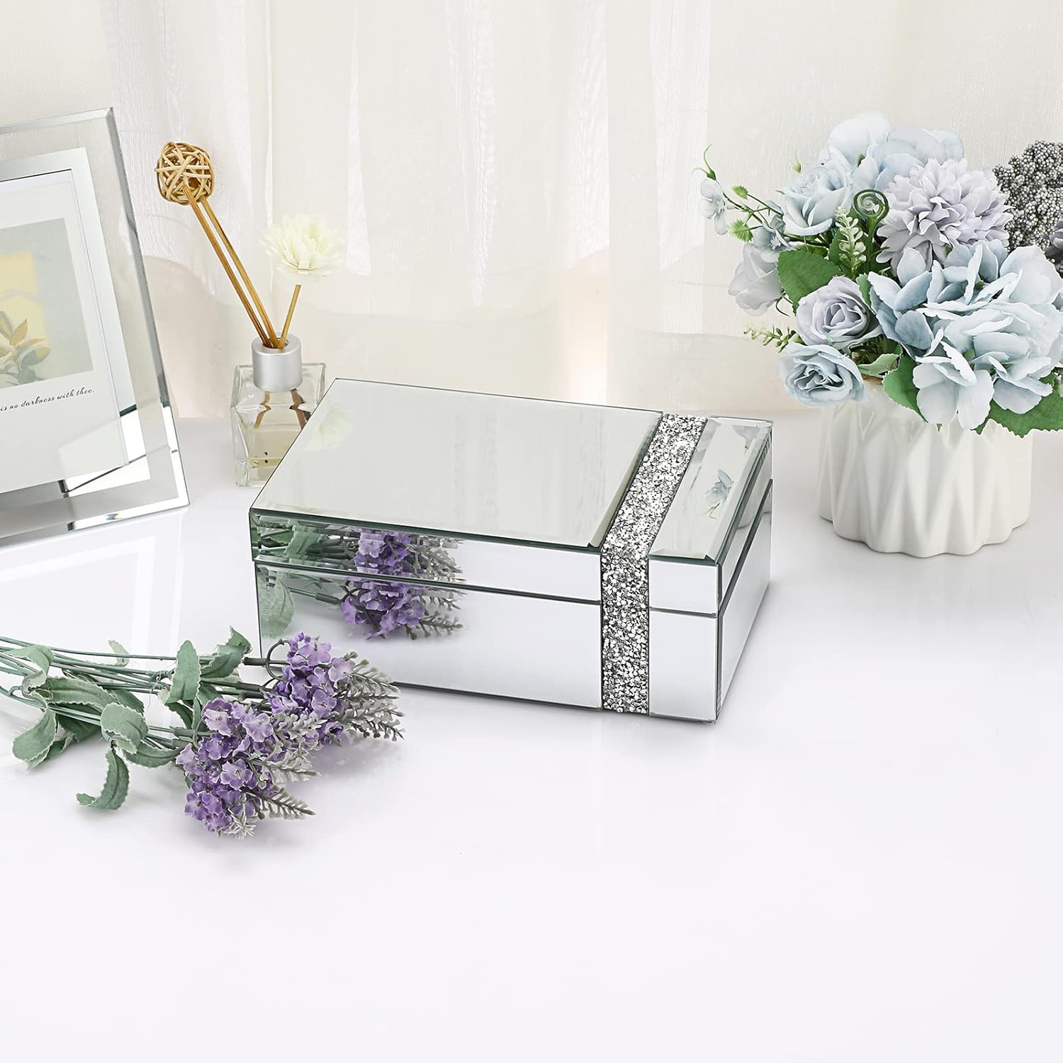 ELLDOO Glass Mirrored Jewelry Box with Crushed Diamonds Strip Decor, Luxury Trinket Box Organizer Decorative Box Treasure Chest Keepsake Box for Women Girls Gift image number 5