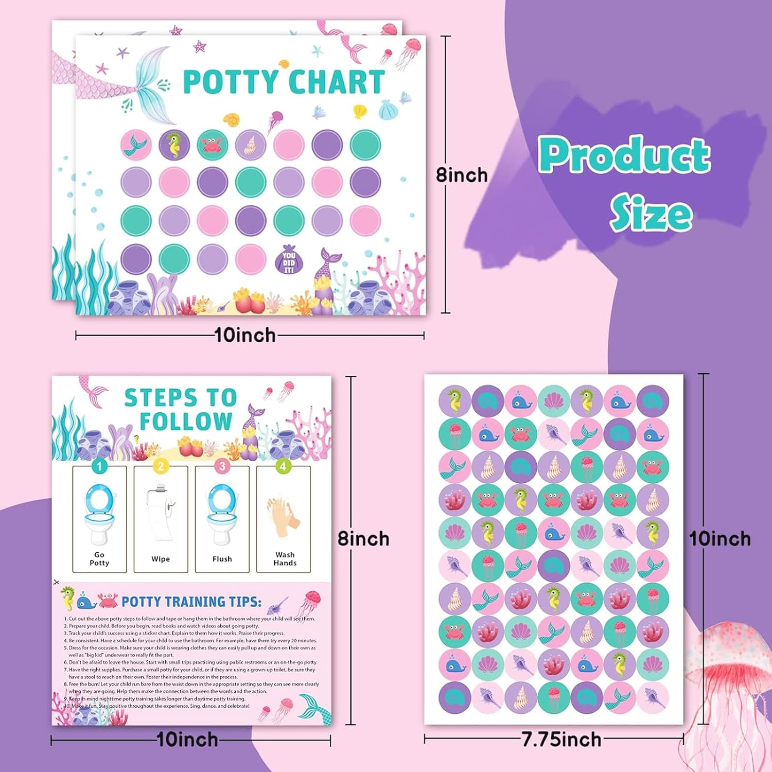 Potty Training Sticker Chart, Cartoon Potty Chart with Stickers, 15Pcs Potty Training Chart Potty Reward Toilet Sticker (Mermaid) image number 2