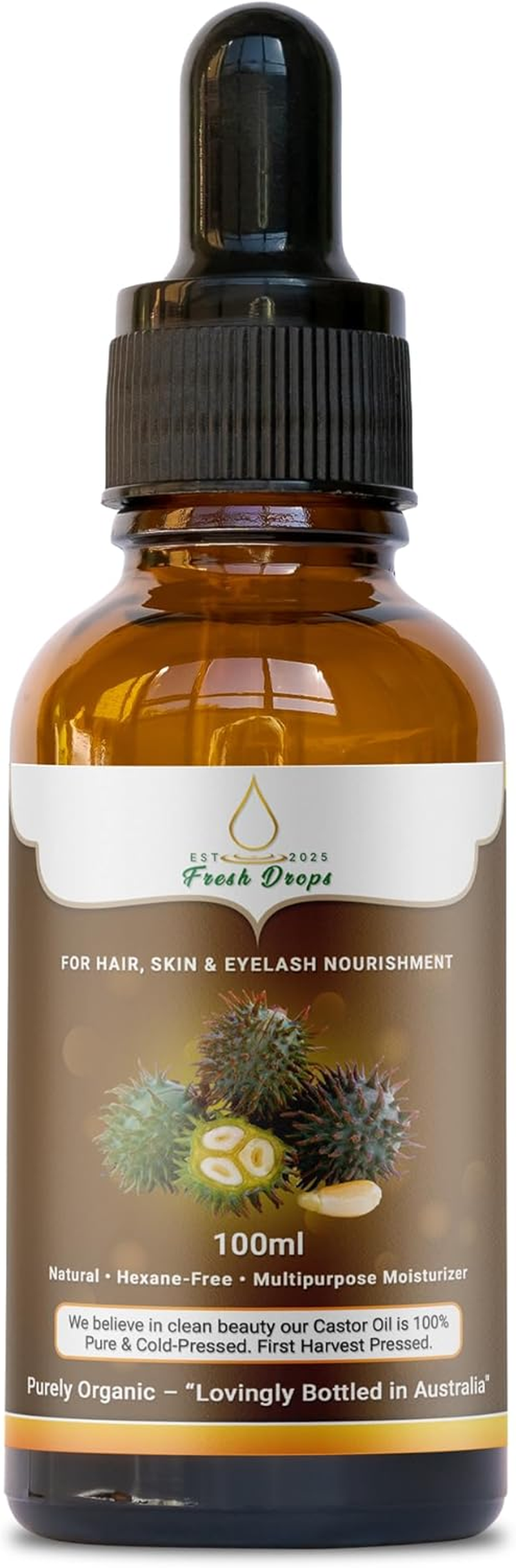 Fresh Dropsorganic Castor Oil100Ml, Pure Cold Pressed, Hexane Free, Fresh Drops- Stimulate Growth for Eyelashes, Eyebrows, and Hair, Smooth Face, and Skin image number 4