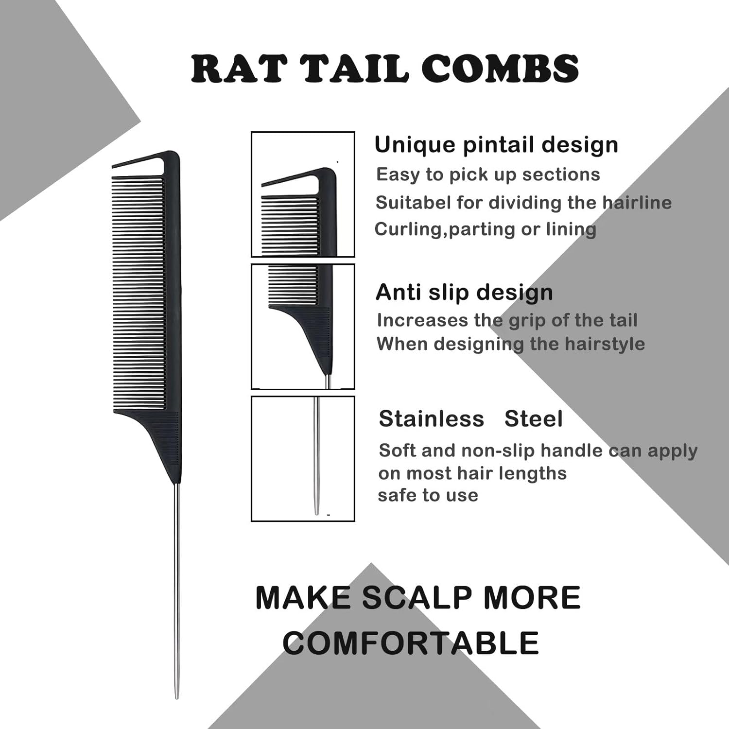 SYTHAK 6Pcs Hair Brush Styling Combs Set,Slick Bristle Hair Brush, Metal Pin Rat Tail Comb and Double Sides Edge Brush for Edge & Back Brushing, Women Girls Men Combing, Smoothing and Styling Hair. BLACK - Black image number 6