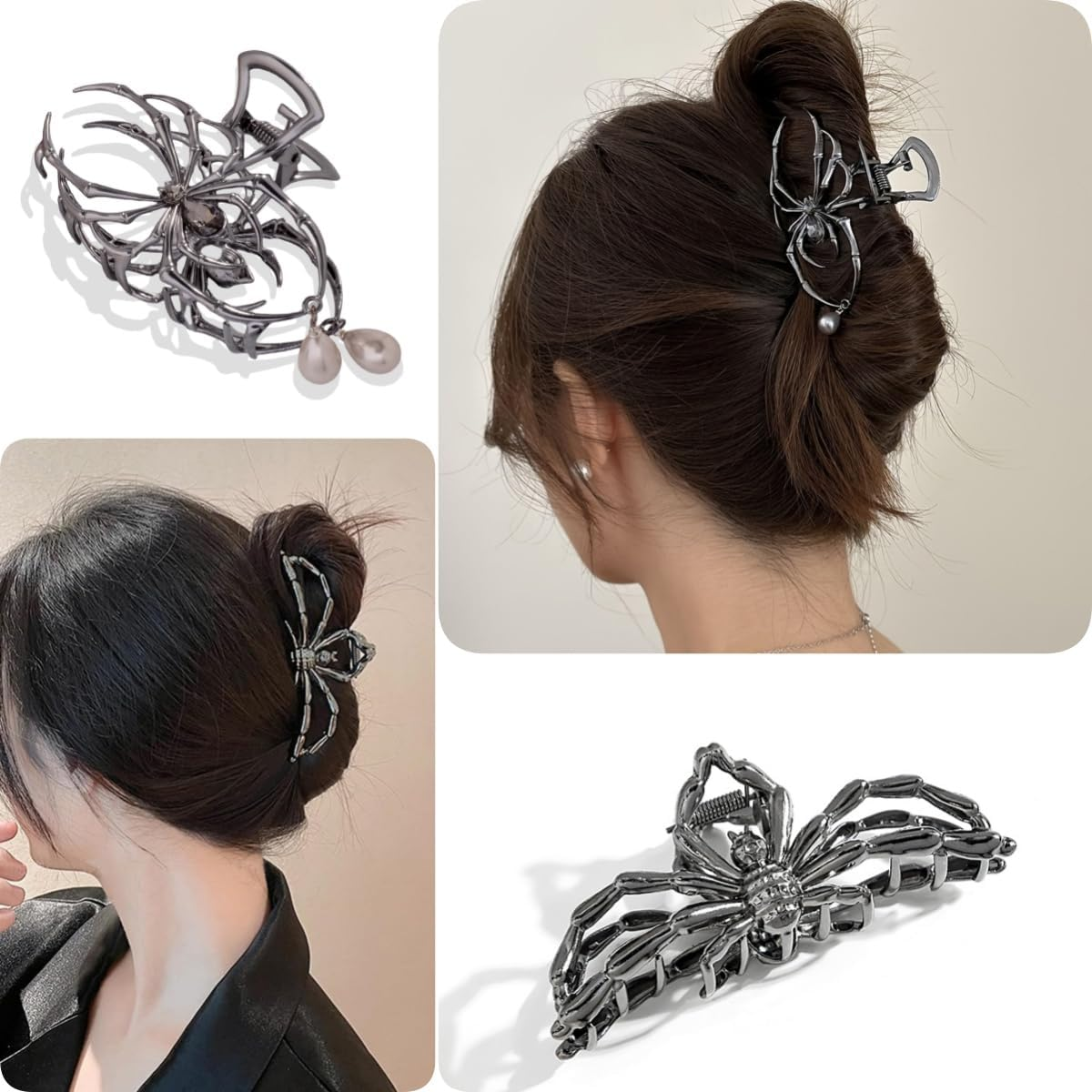 Rauimour Halloween 3PCS Spider Hair Claw Clips Hair Accessories for Women Girls, Gothic Black Metal with Pearl Charms Large Medium Size Catch Clips for Thick Hair Styling Tool Holiday Gifts(Black Gun)