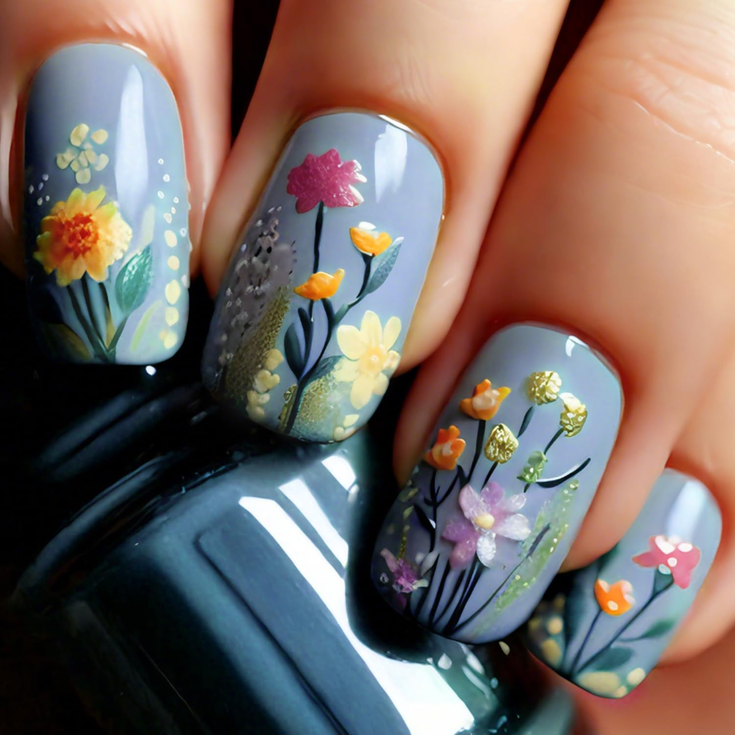 Almond Press on Nails Coffin Shape &ndash; 3D Floral Design with Rhinestones, Long French Tip Acrylic False Nails, Handmade Elegant Fake Nails for Women, Nail Art Accessories