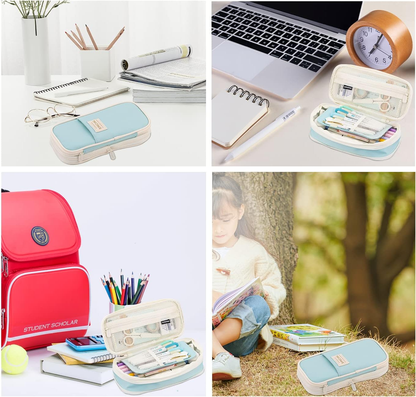 MAMUNU Expandable Pencil Case with Compartments, Large Capacity Pencil Cases Pencil Bag Pouch Office School, Portable Pencil Case Large School Stationery Organizer, Makeup Cosmetic Bag, Blue - Purple image number 2