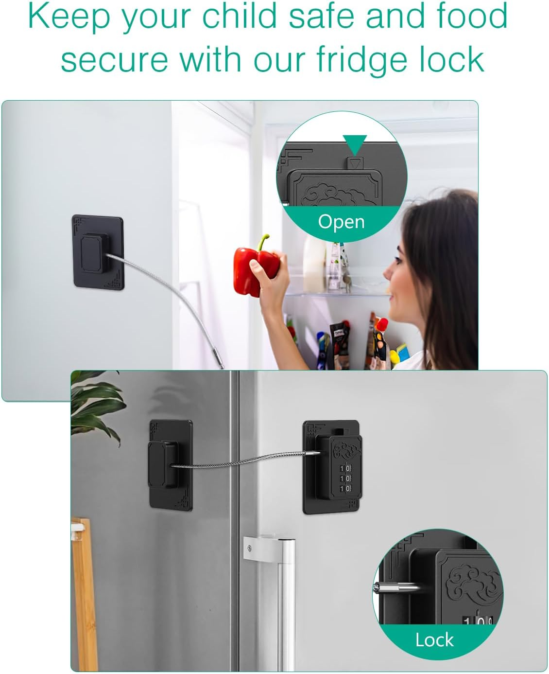 ORIA Refrigerator Lock, 2Pcs Child Proof Fridge Lock, Freezer Door Lock with 3-Digit Code, Child Safety Lock for Door, Drawer, Cabinet, Closet, Window, Easy Install No Keys No Drill Needed image number 6