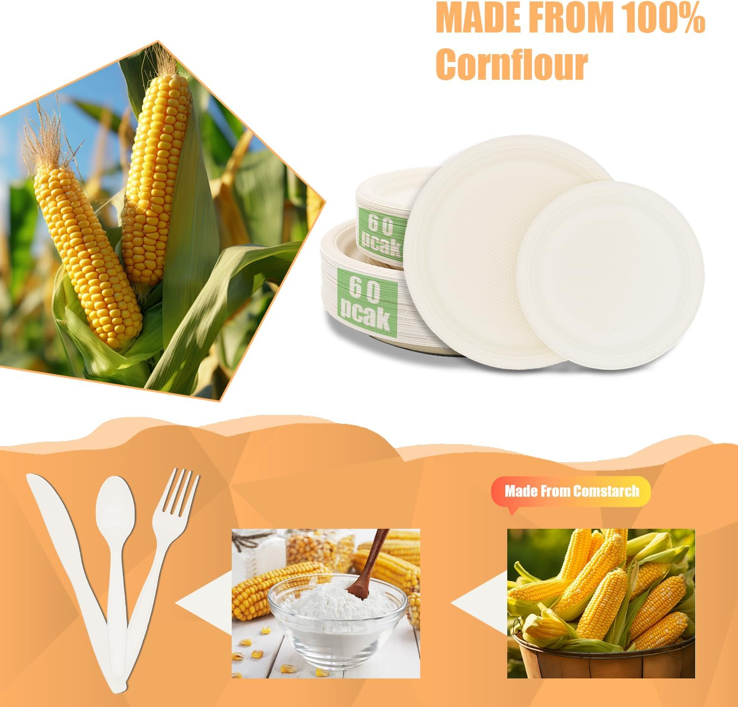Disposable Plate Sets, 300Pcs Paper Plates Sets for Camping, Dinner Party, Picnic & BBQ, Biodegradable, Eco-Friendly, Compostable, Microwave Safe, Serve for 60 People. image number 4