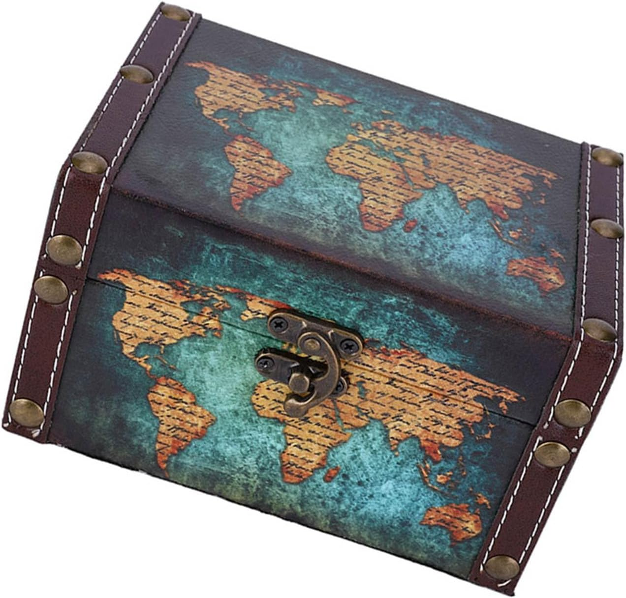 Wooden Storage Box European Style Vintage Jewelry Organizer for Home Office Decor Green Map Pattern image number 2