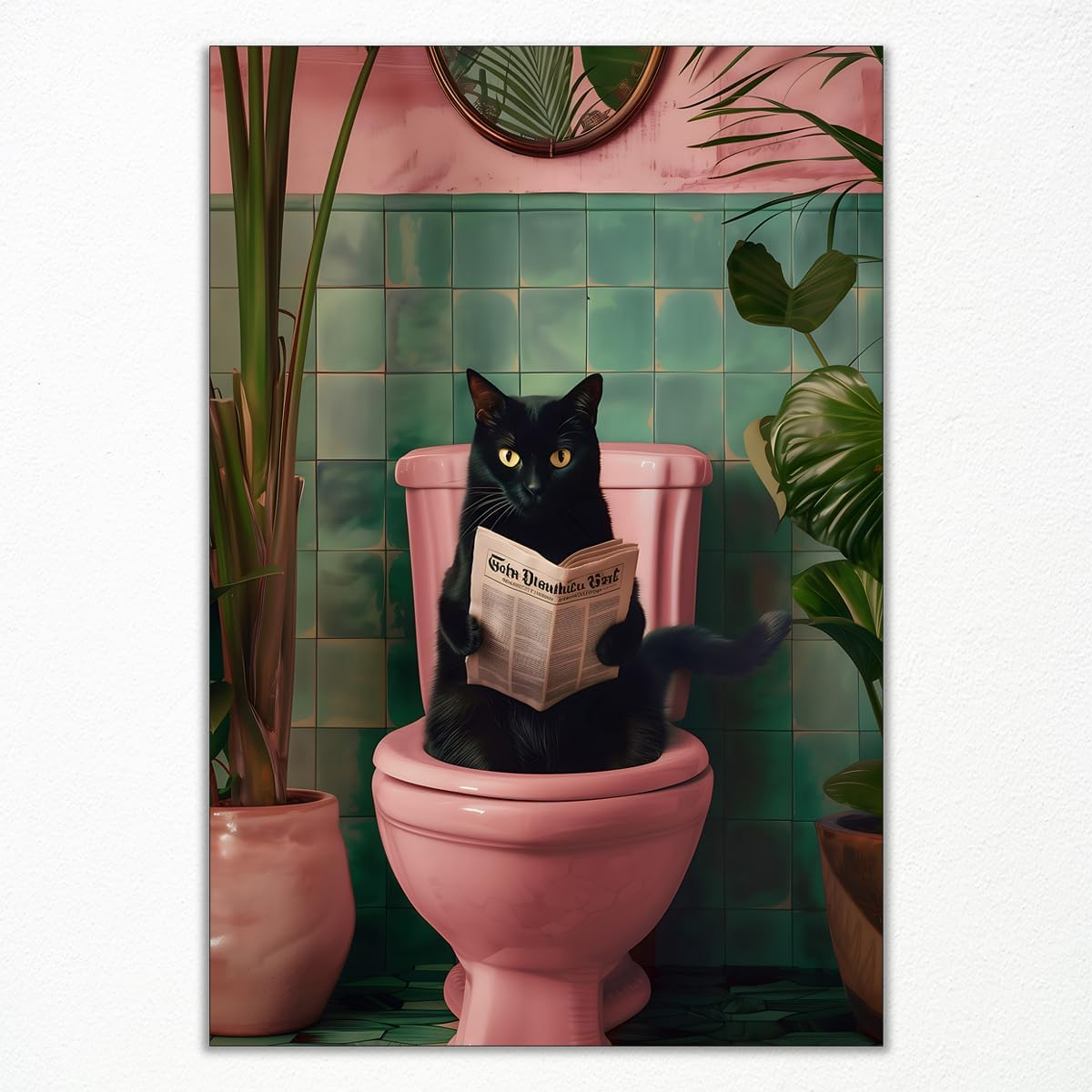 Funky Pink Canvas Wall Art - Black Cat Reading Newspaper on Toilet Poster, Funny Cat Pooping, Green Botanical Plant Animal Bathroom Print, 16X24In Unframed