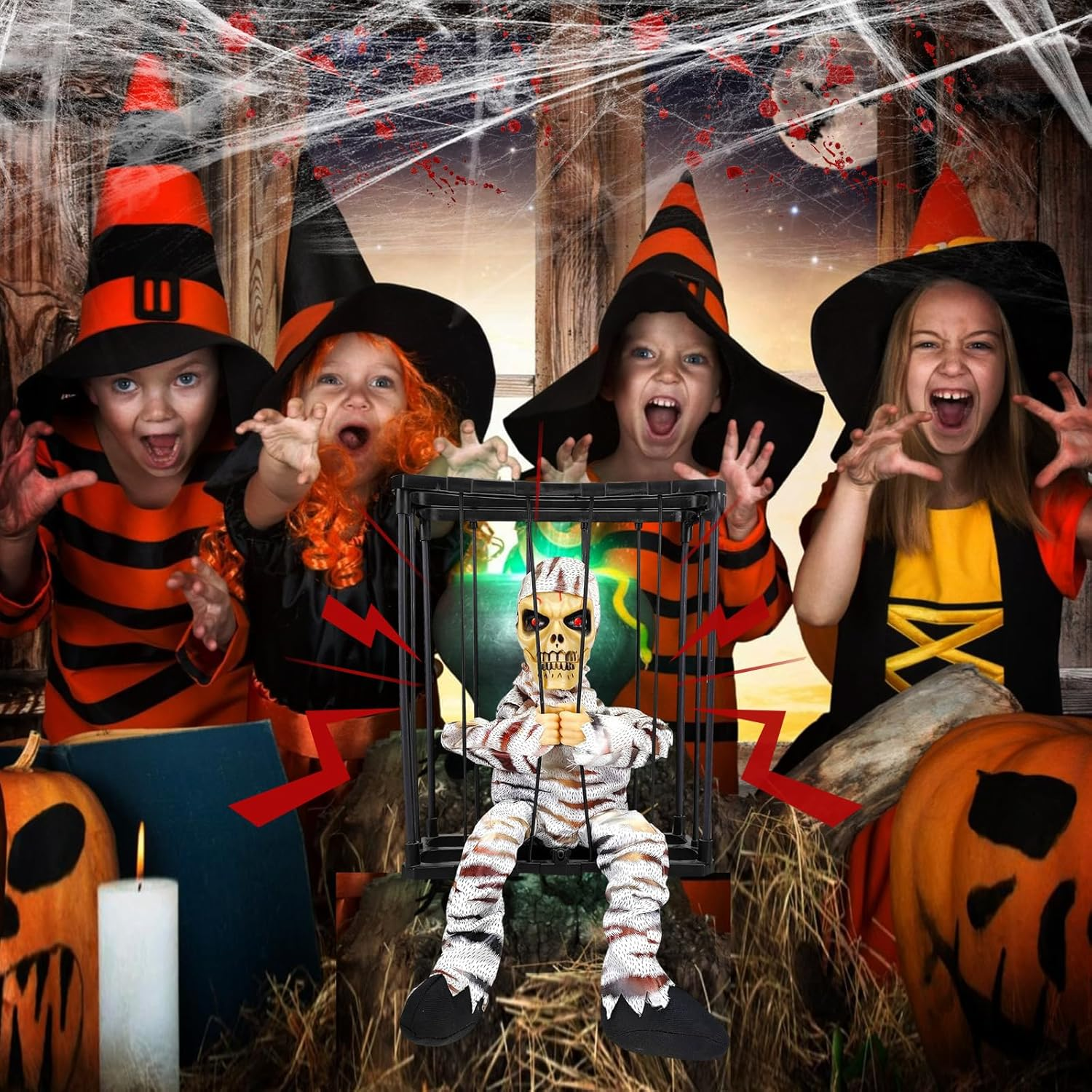 Screaming Animated Halloween Decorations, Halloween Decor Prop with Motion Sensor, Scary Skull Cage Prisoner Haunted House Decor, Spooky Hanging Ghost Eyes Glow Decorations (Color D) image number 3