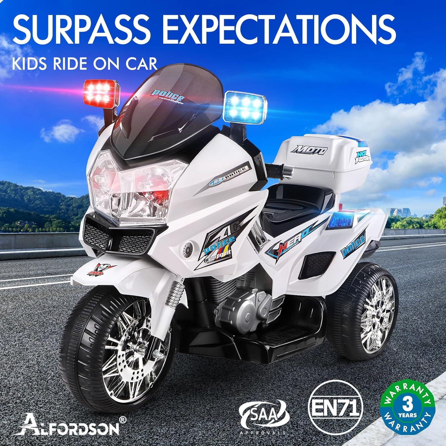 ALFORDSON Kids Ride on Car Motorbike 12V Eletric Dual Motor, Toy Tricycle with Music Player & Brilliant Lights, Ride-On Design Children Vehicle for Toddler, S1K Inspired, White image number 6