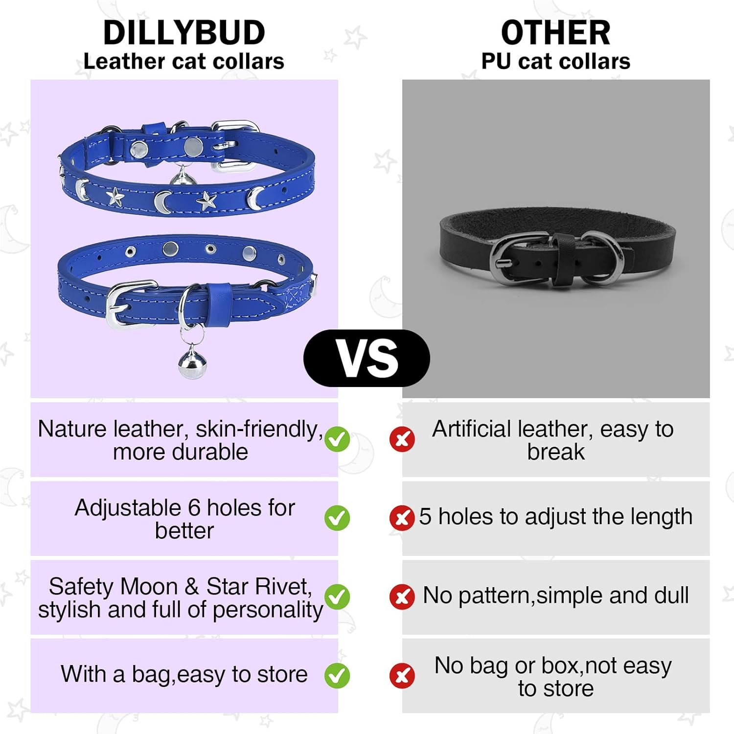 DILLYBUD Leather Cat Collars for Boy Girl Cats with Bell and Safety Elastic Belt, Personalized Star Moon Stud Adjustable Safe Buckle Collar Kitty Small Big Size 8-12 Inch, Blue (DIL-6119600_BLU) image number 3